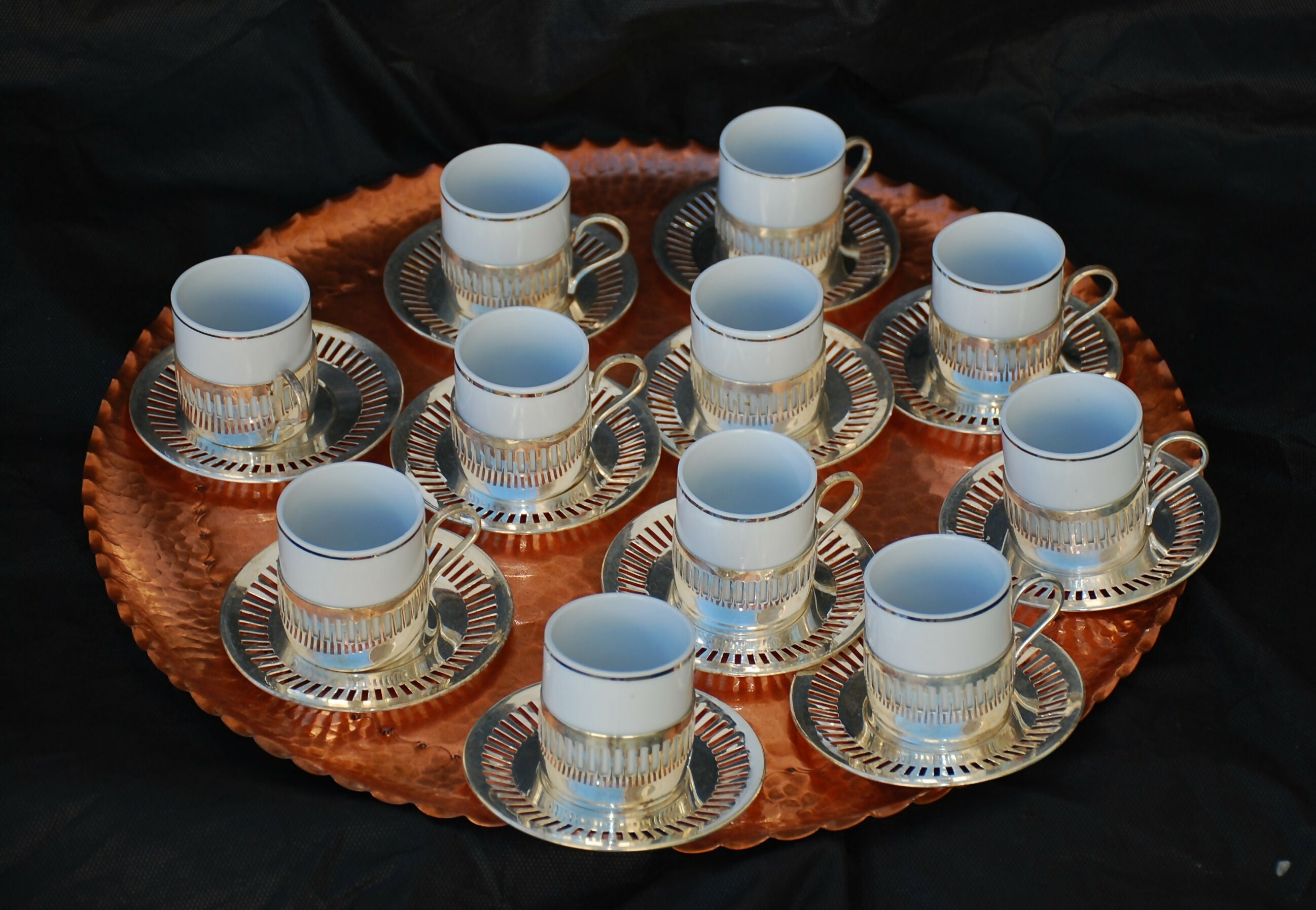 conjunto de cafe pozzani , decada 50 - 60 , suporte prata 11 pçs