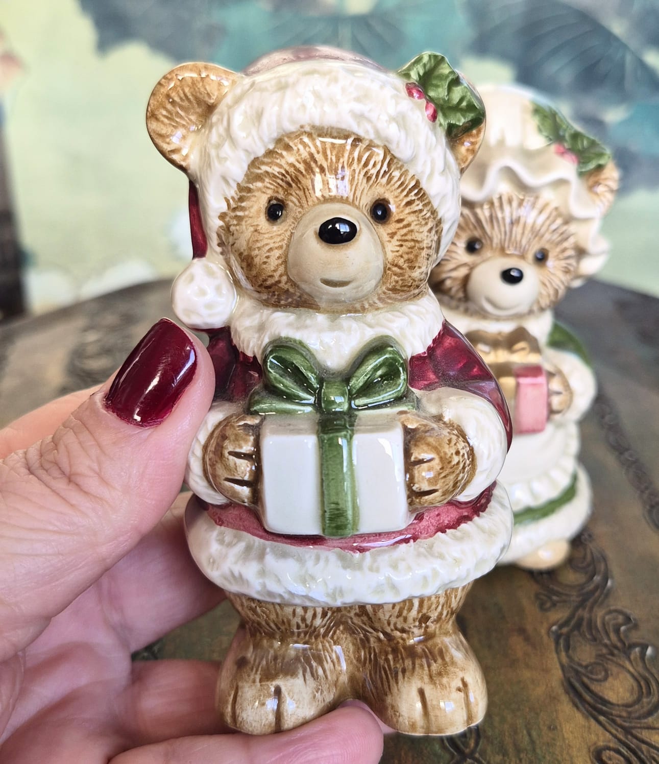 Conjunto de saleiro e pimenteiro em porcelana vintage japonesa Otagiri,  em formato de ursinhos natalinos
