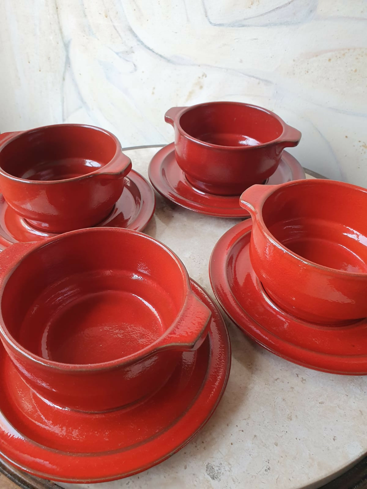 Conjunto de 4 consomês alemães em cerâmica vitrificada Waku. Lindas!