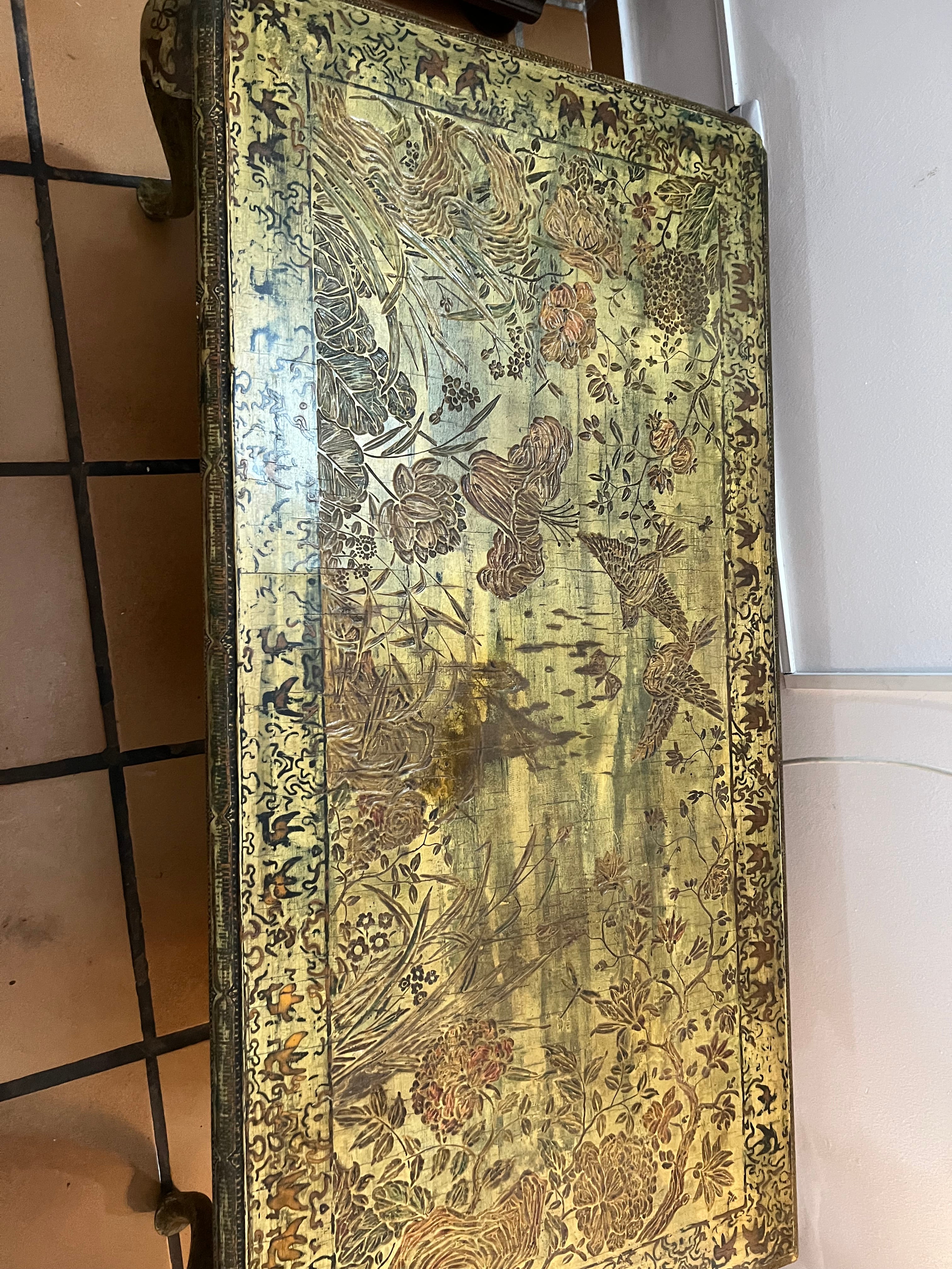 Mesa de Centro Retangular Antiga Oriental Estilo Chinoiserie com flores e pássaros 