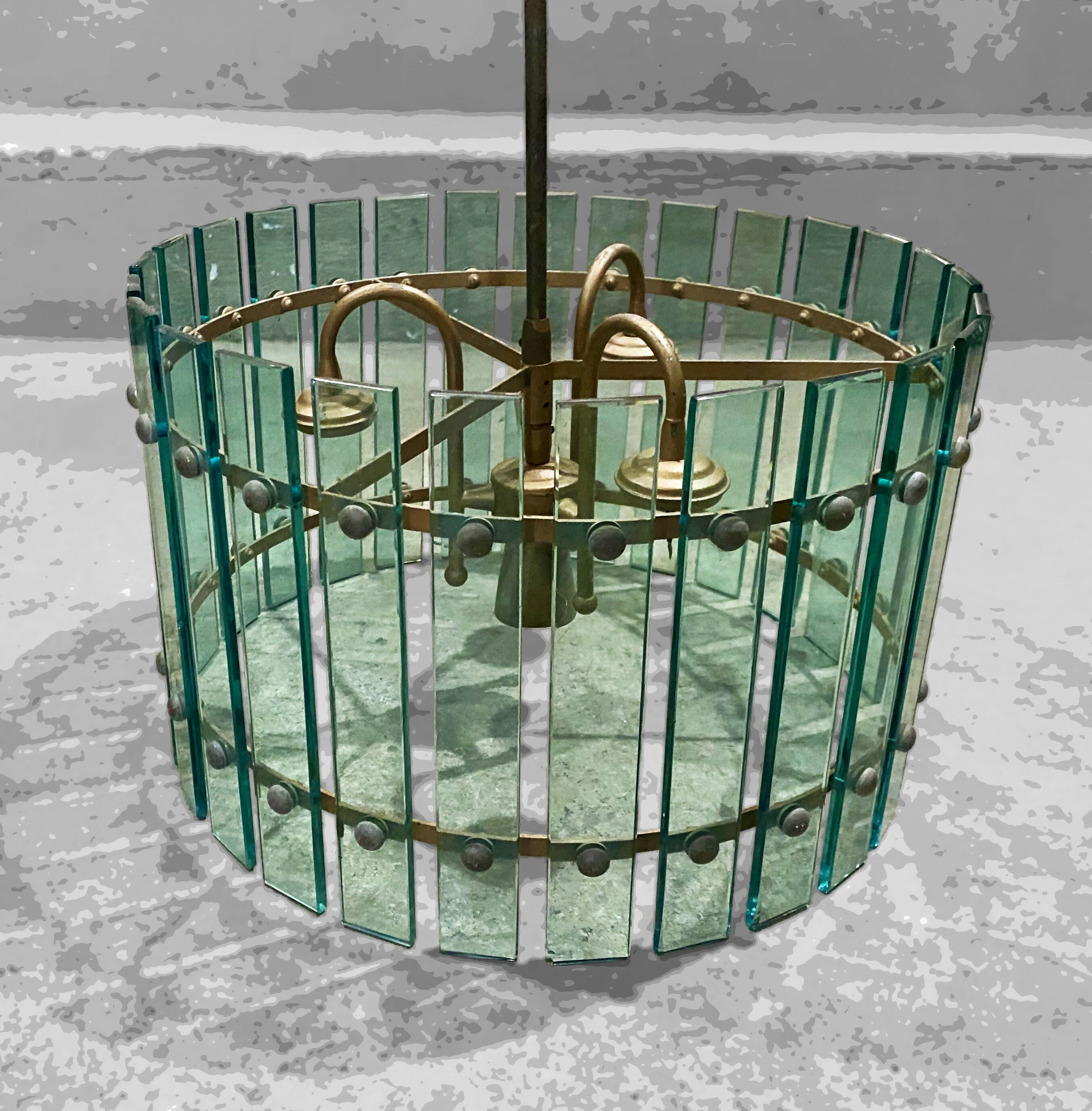 Lustre antigo - Mid Century com vidros lapidados azul esverdeados