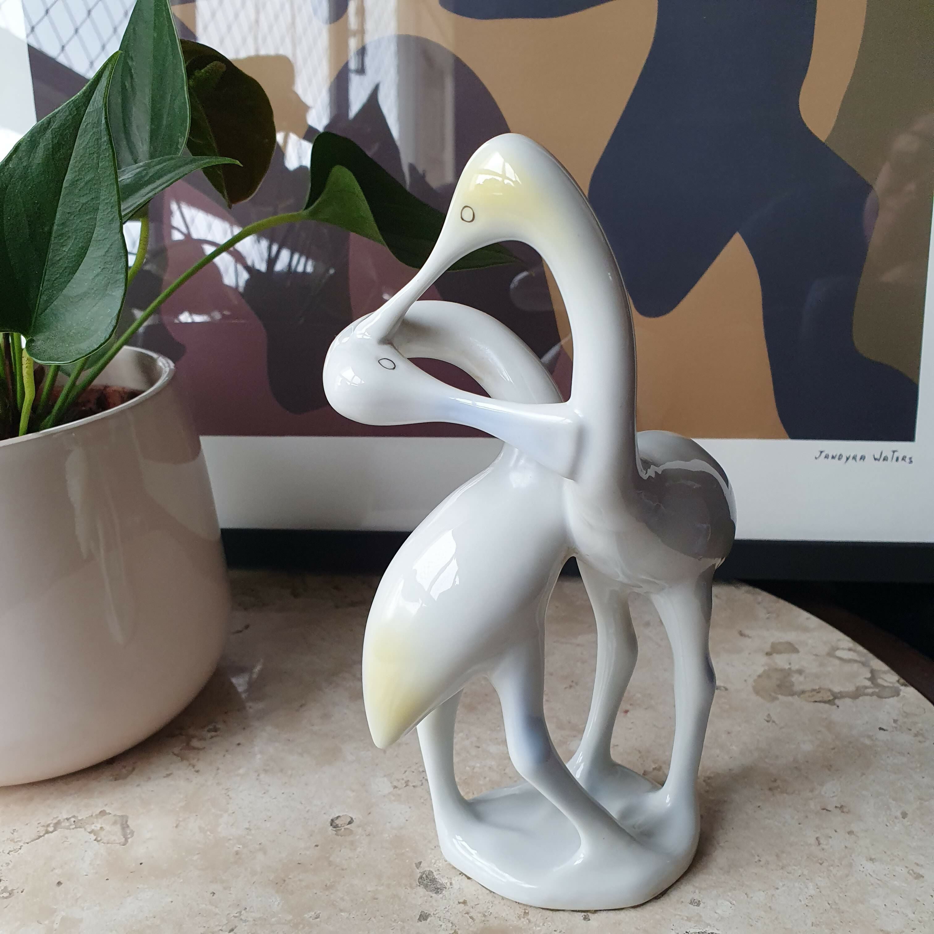 Escultura em porcelana Hollohaza de Flamingos Art Decó