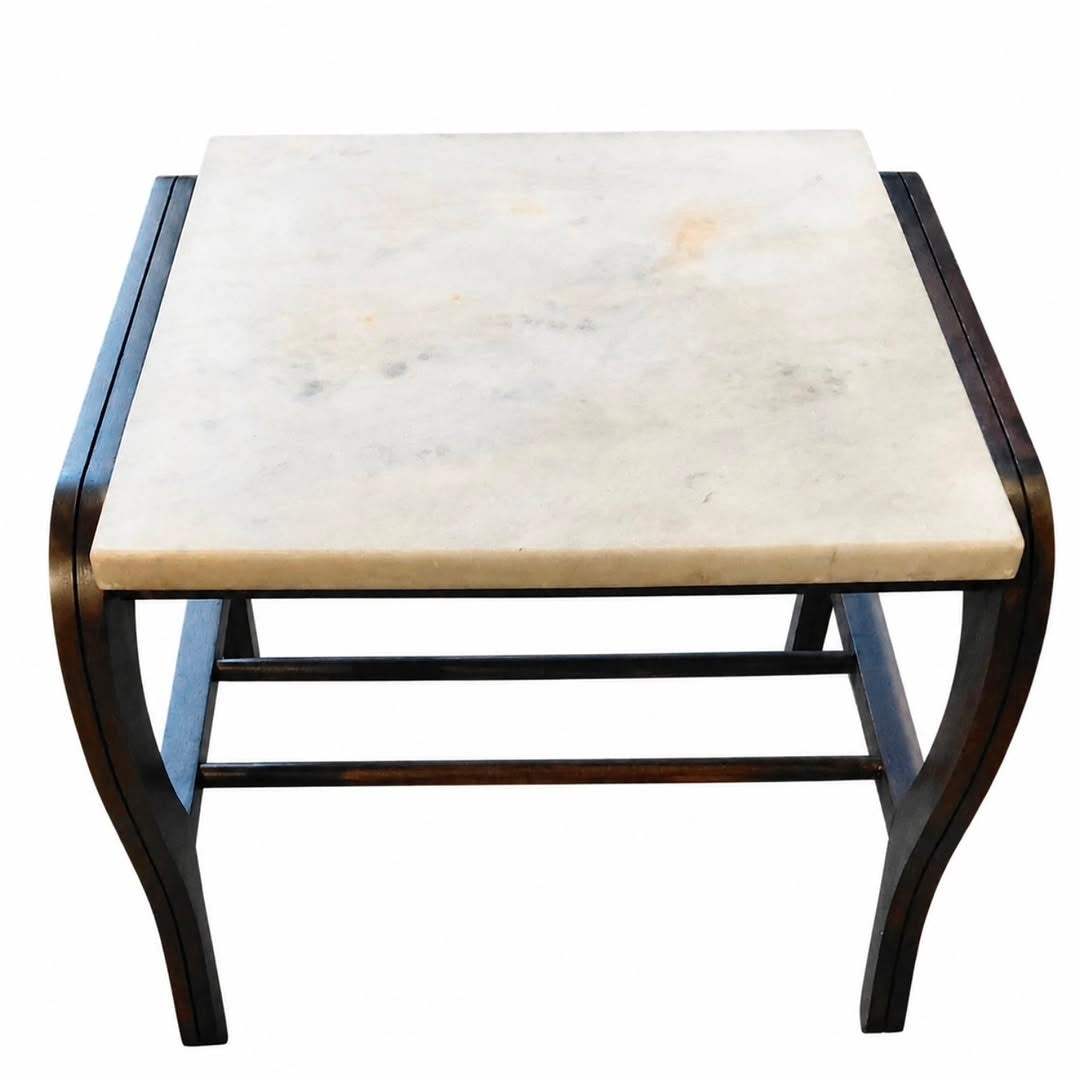 MESA LATERAL QUADRADA EM MADEIRA COM TAMPO DE MÁRMORE BRANCO