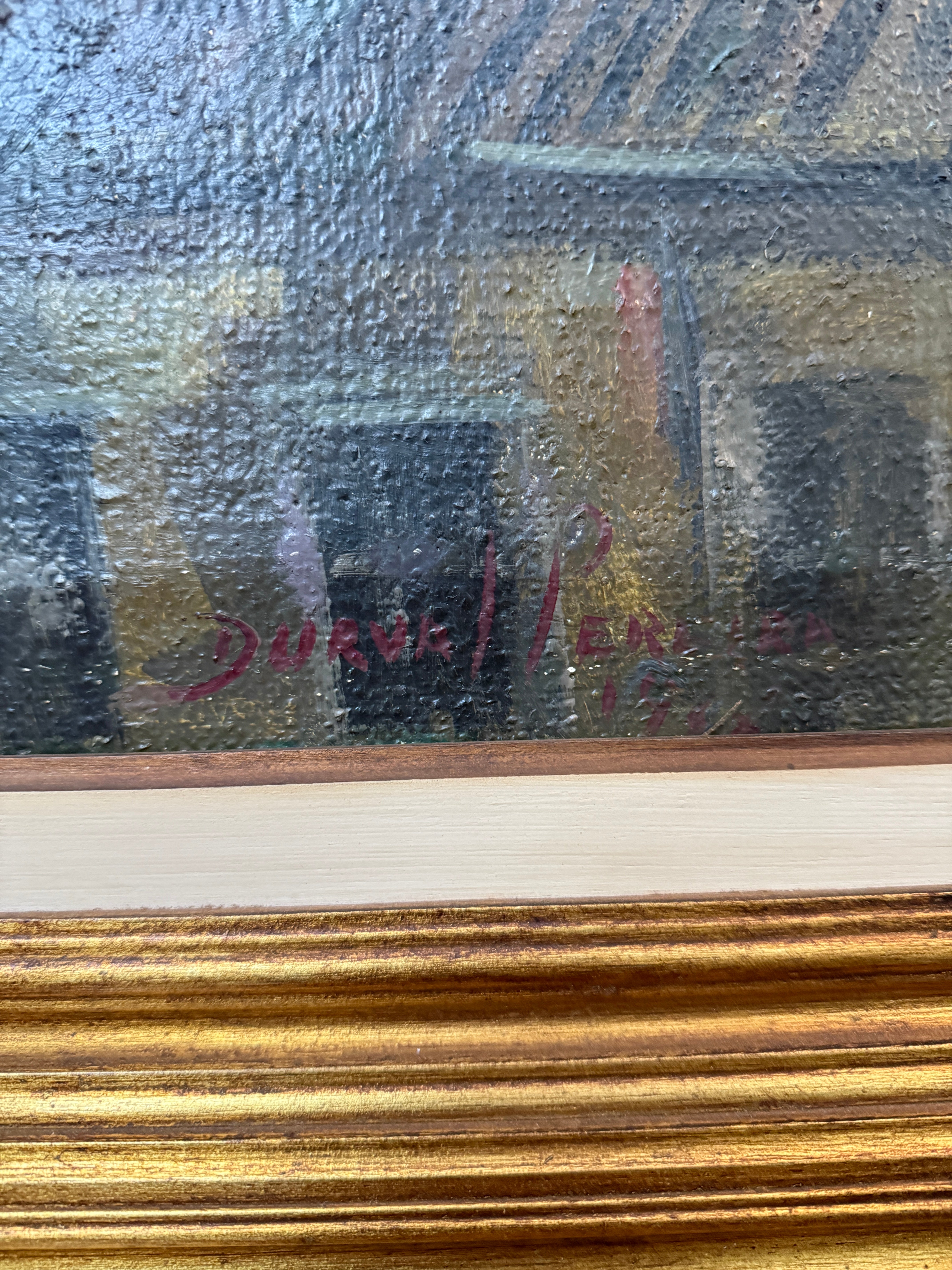 Maravilhoso e grande quadro do renomado pintor brasileiro Durval Pereira com imponente moldura antiga retratando vila rural nas montanhas 