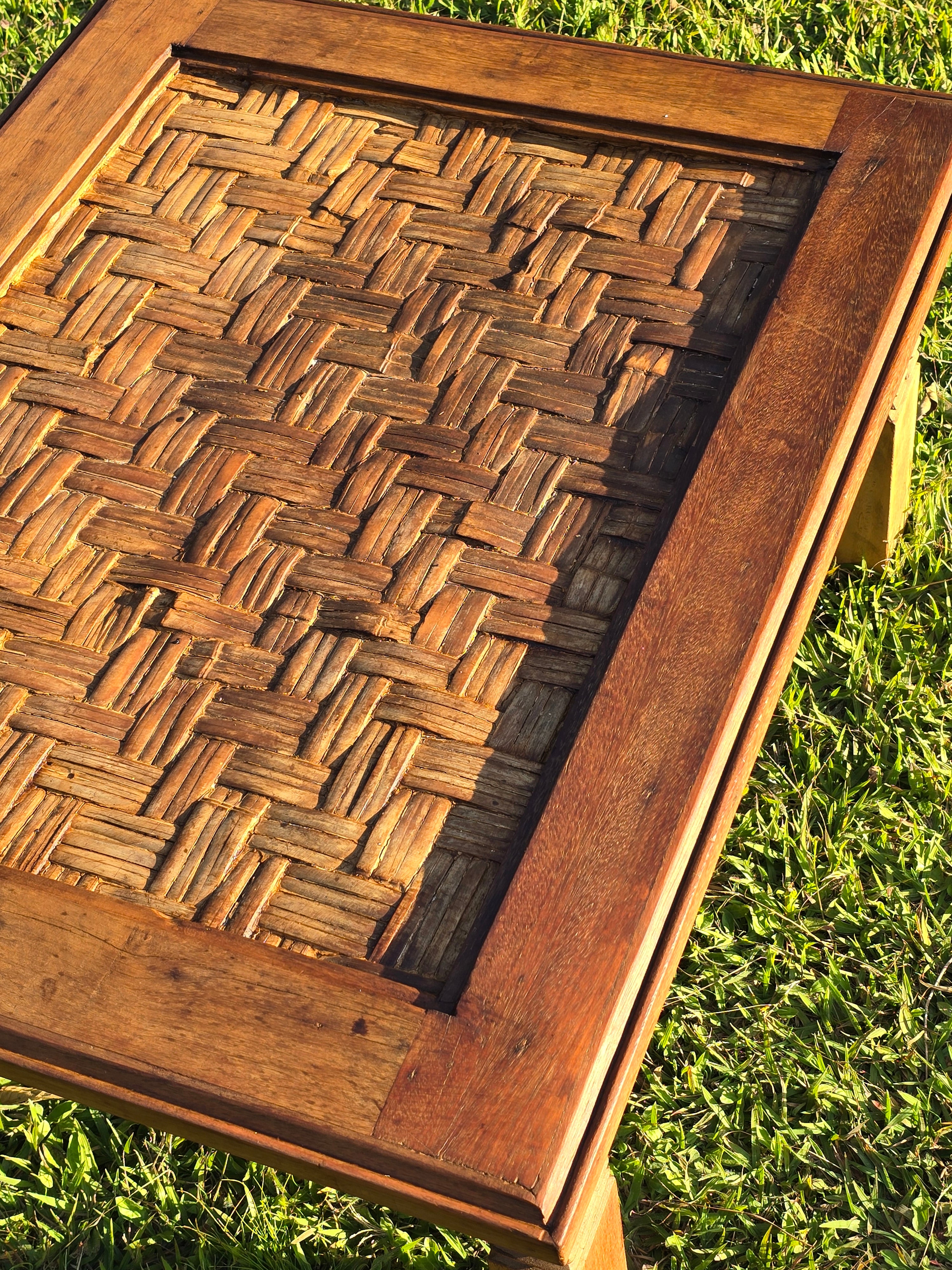 Mesa de Centro Suporte Para Vidro Esteira de Bambu Madeira Maciça