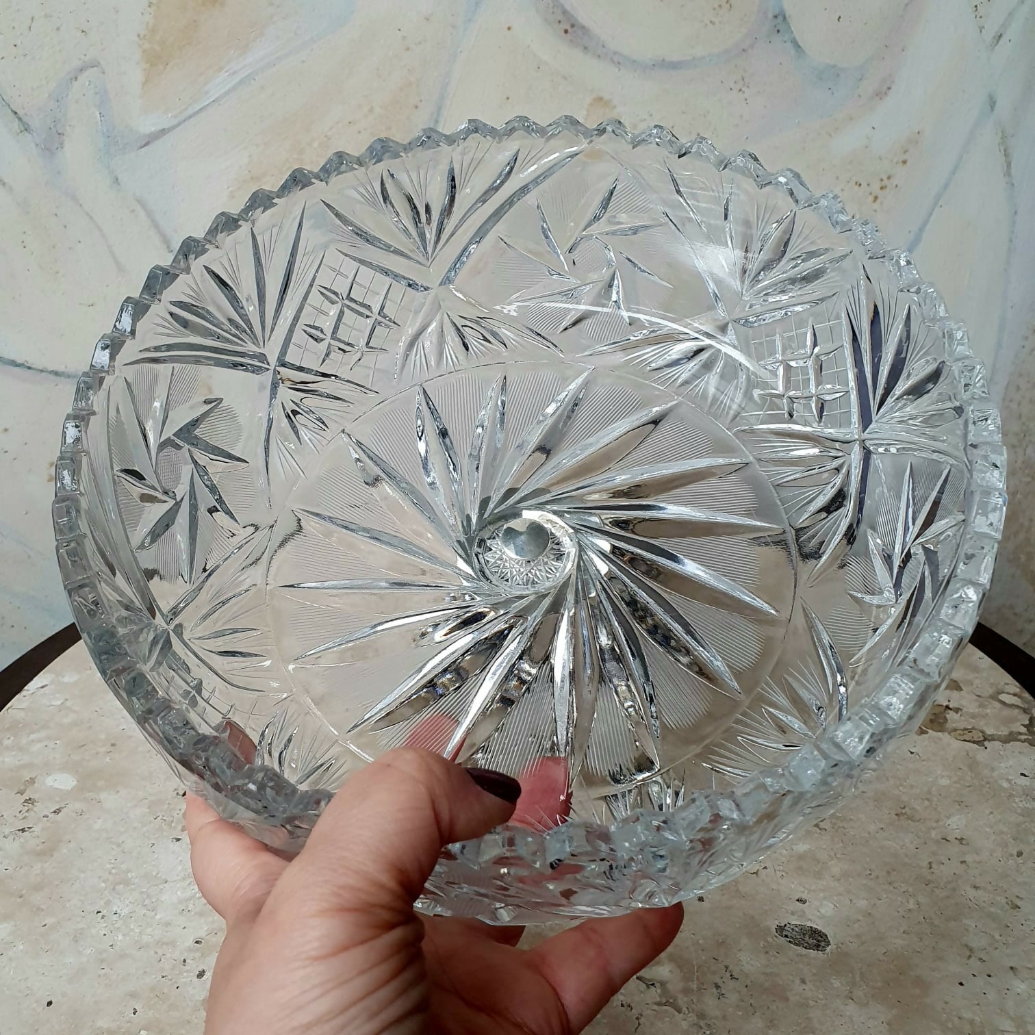 Centro de mesa em cristal alemão com pé alto espessurado à prata