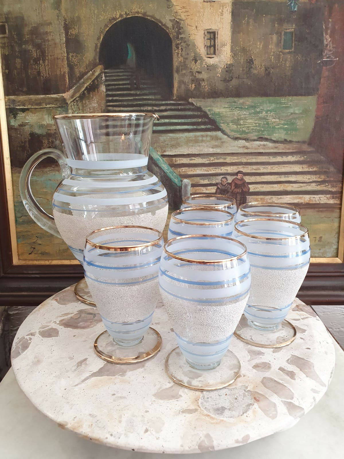 Conjunto incrível para refresco com 1 jarra e 6 copos, em vidro anos 50, maravilhoso!