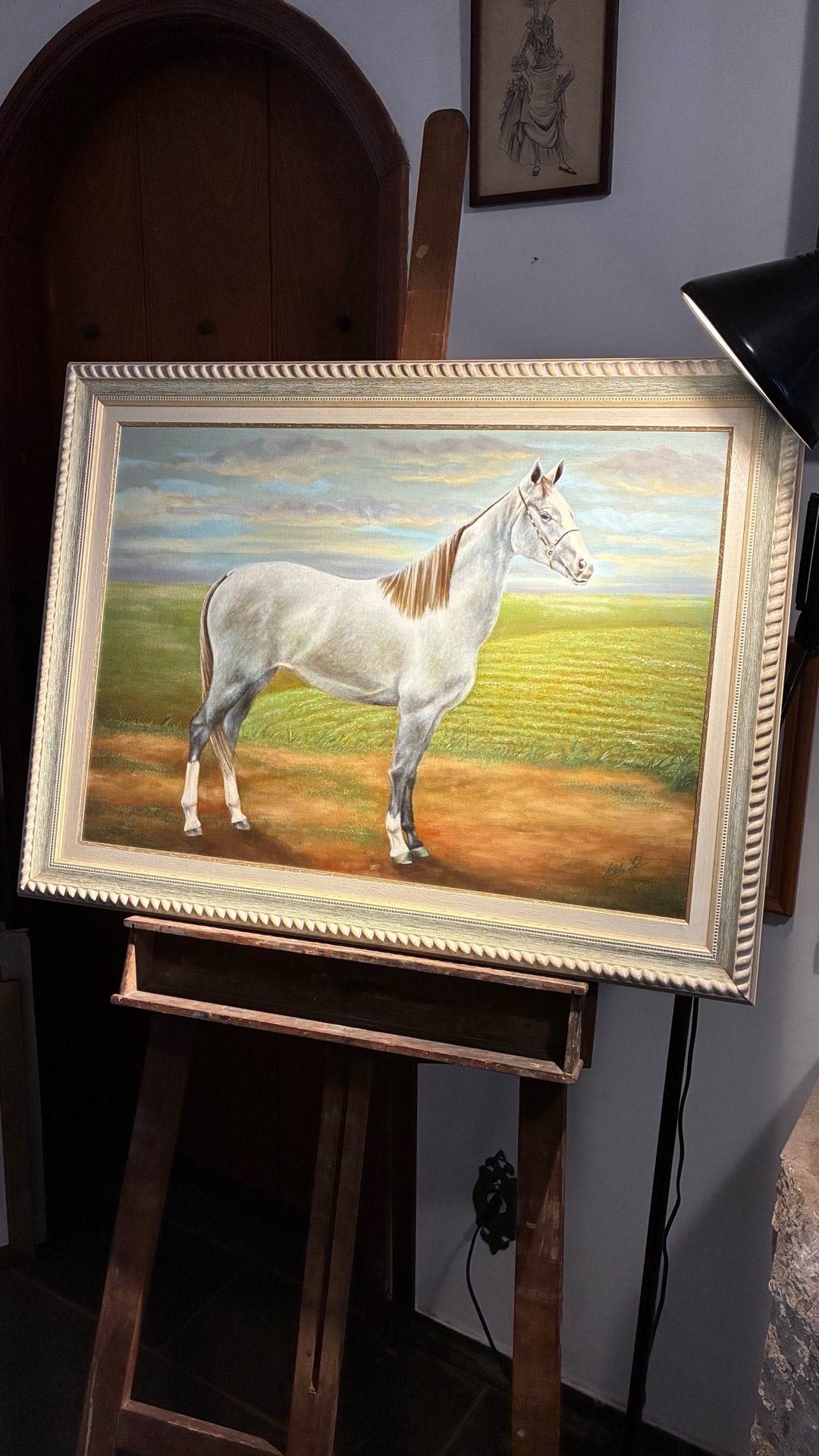 Quadro Pintura a Óleo - Retrato de Cavalo Branco