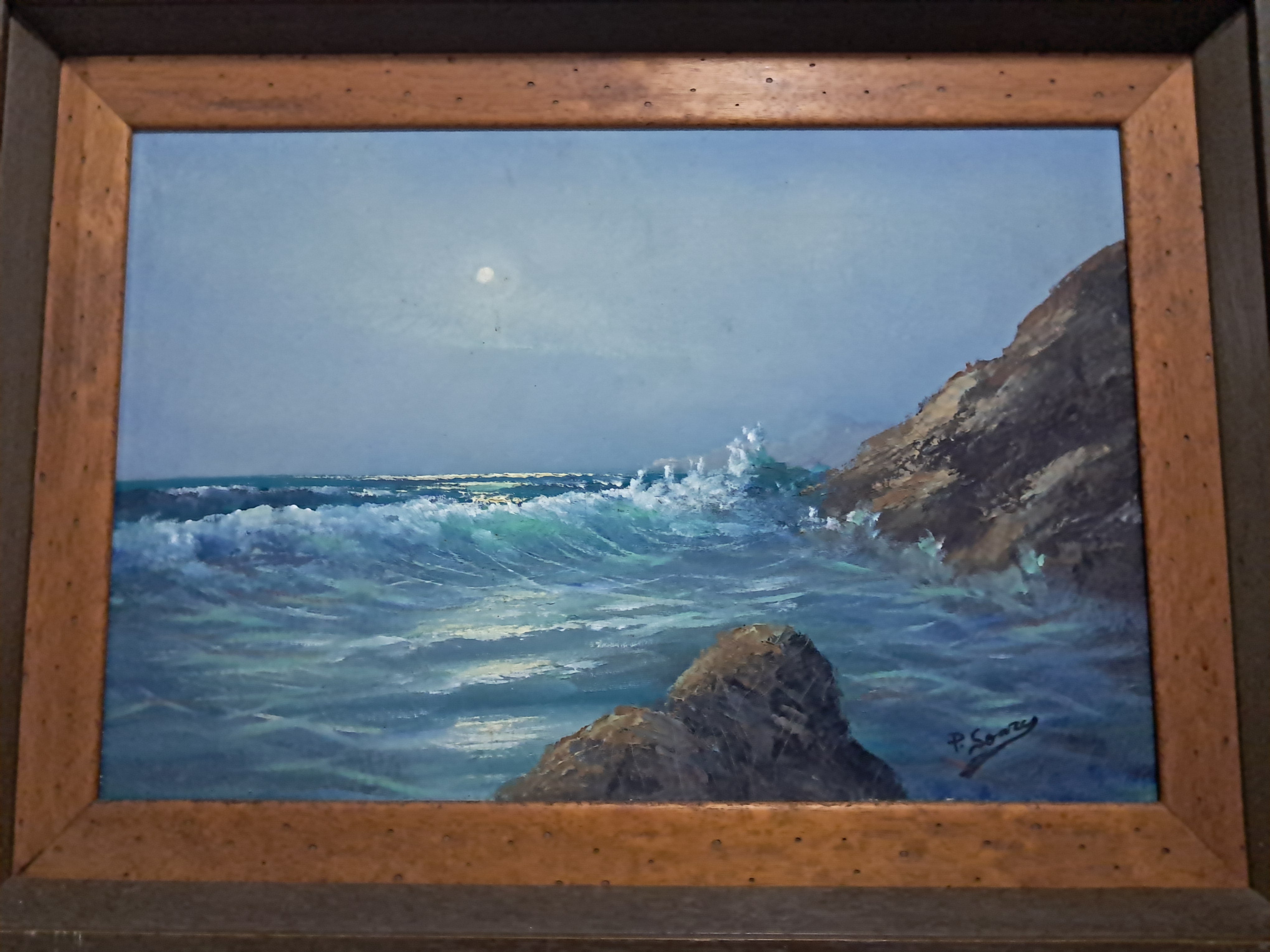 Quadro Mar ao Luar com moldura em madeira 