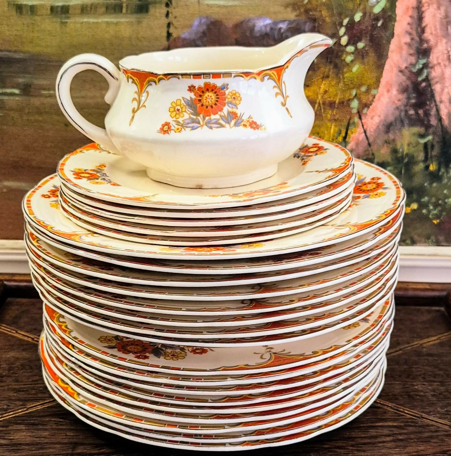 Conjunto escândalo de maravilhoso em faiança, quase centenária, inglesa Alfred Meakin, linha Royal Marigold