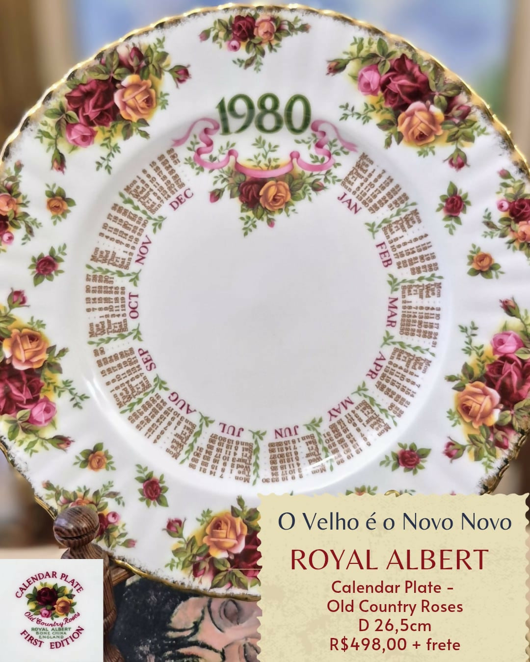 Prato decorativo em porcelana inglesa Fine Bone China Royal Albert, linha Old Country Roses Calendar Plate
