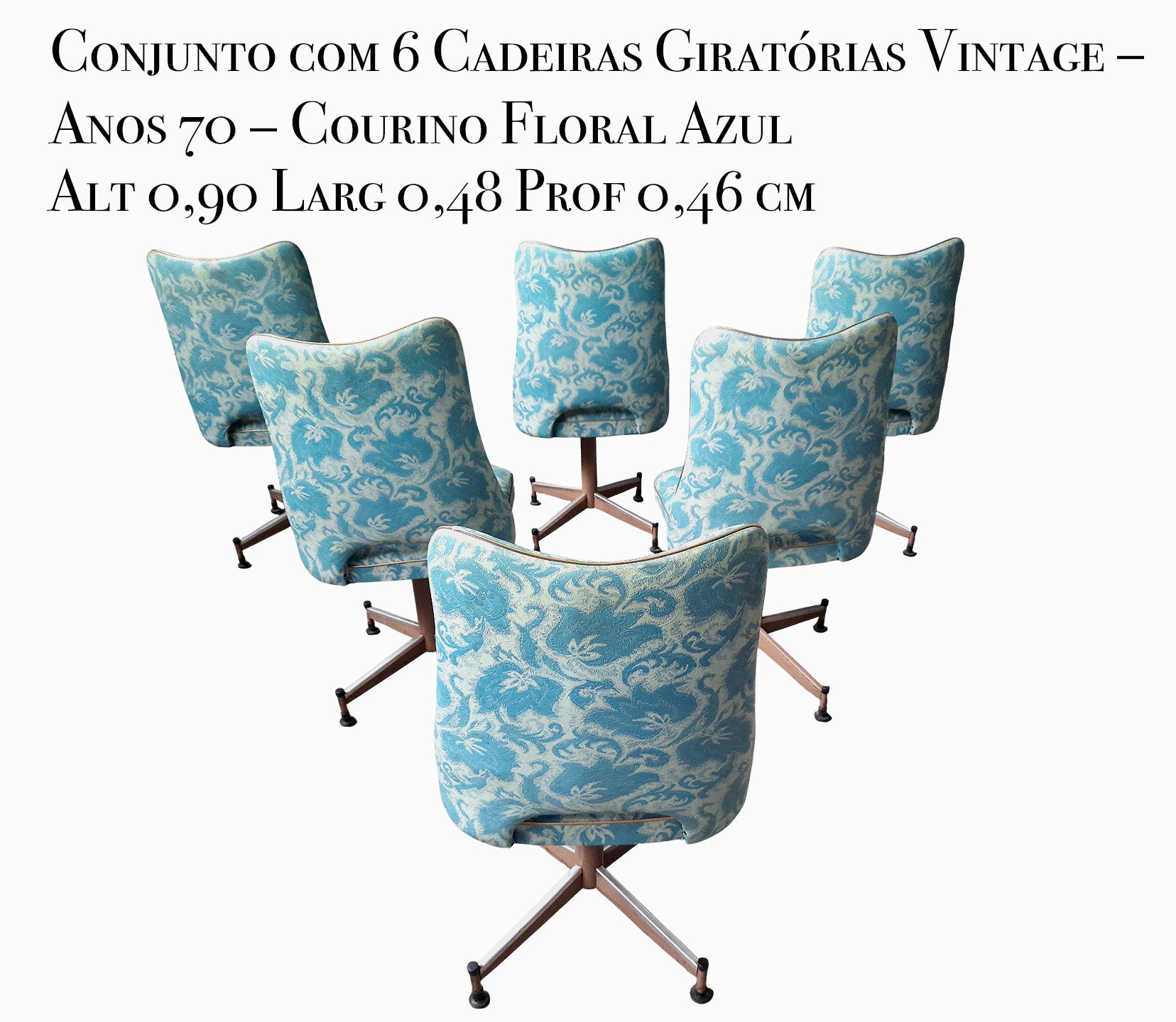 Conjunto com 6 Cadeiras Concha Giratórias Vintage – Anos 70 – Courino Floral Azul