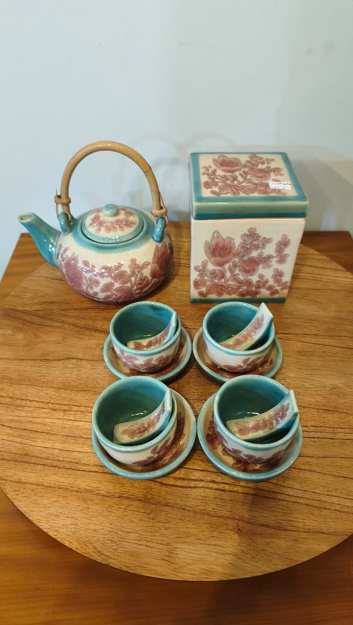 Conjunto De Chá Em Cerâmica Pier 1 Imports – Decoração Floral – 14 Peças