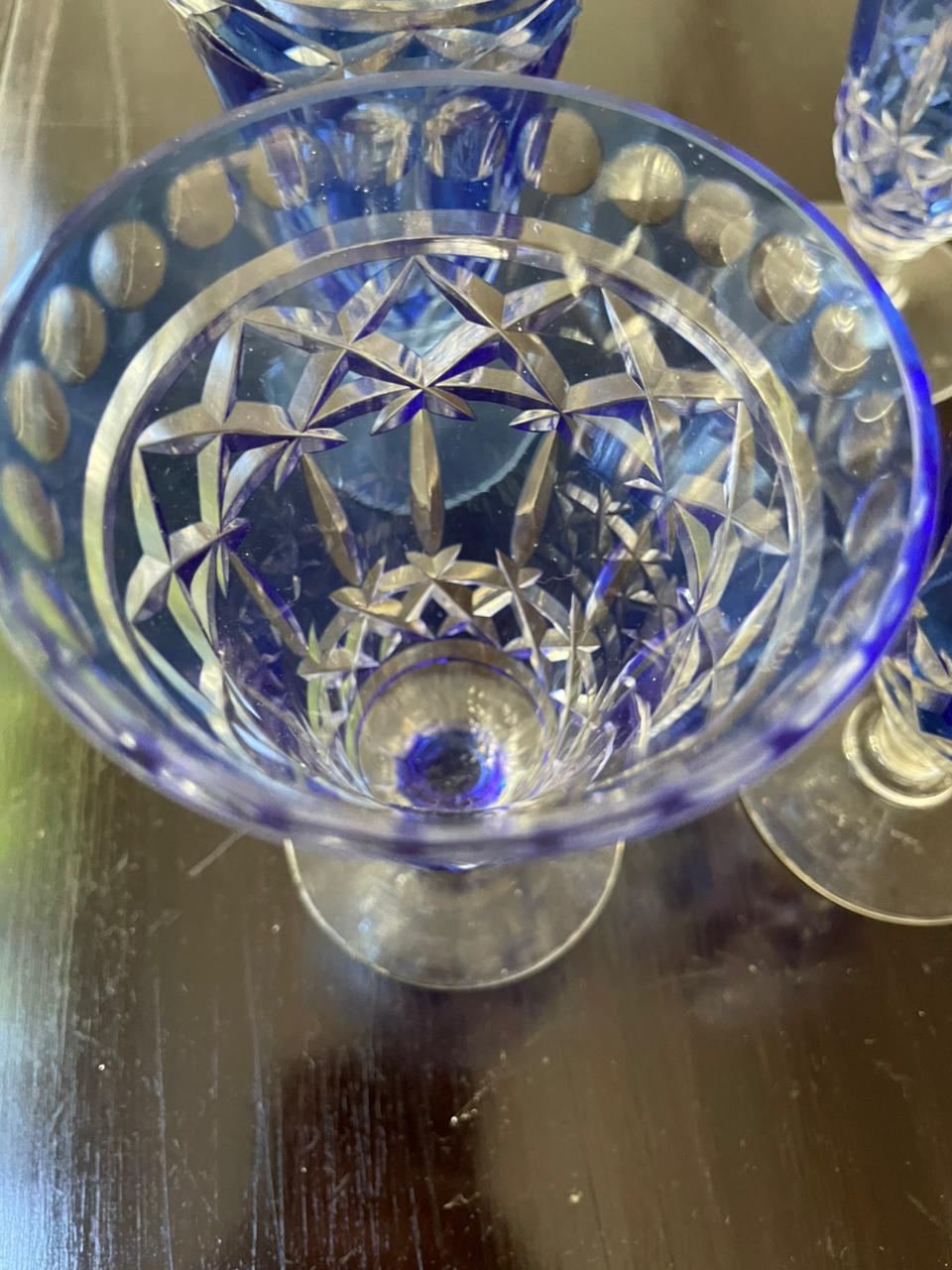 4 Copos em Cristal Double Azul Cobalto Lapidado