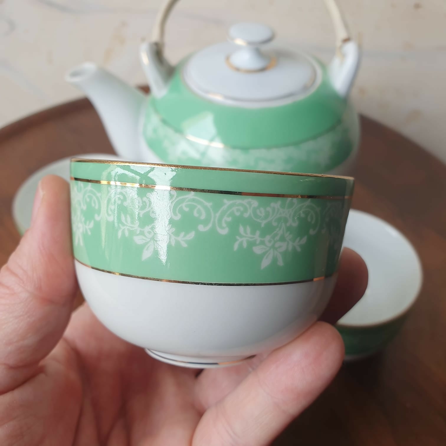 Conjunto de chá vintage porcelana Real, verde menta! Intacto.