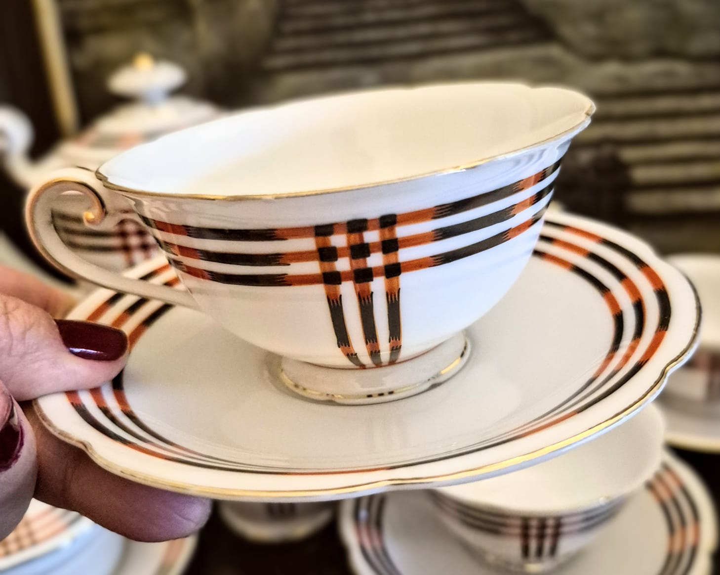 Lindíssimo jogo de chá antigo,  anos 30, em porcelana japonesa Noritake.  Incrível padrão xadrez Art Decó