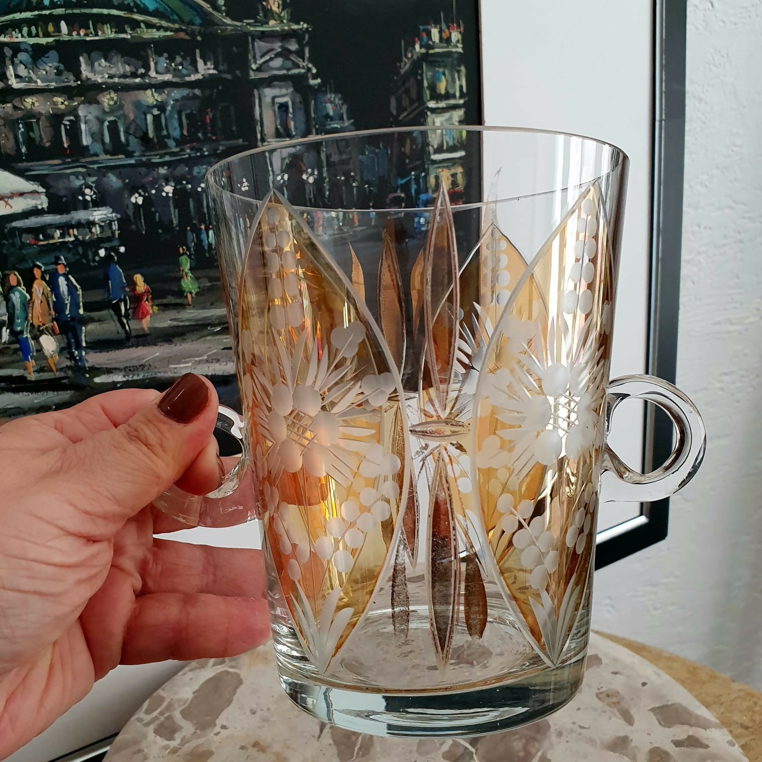 Maravilhoso conjunto vintage com 7 peças em demi cristal lapidado translúcido/âmbar. Incrível, anos 50/60, raro encontrar neste estado!