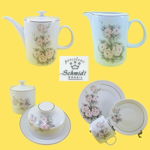 Jogo de chá com pintura de rosas, Porcelana Schmidt déc1980/1993