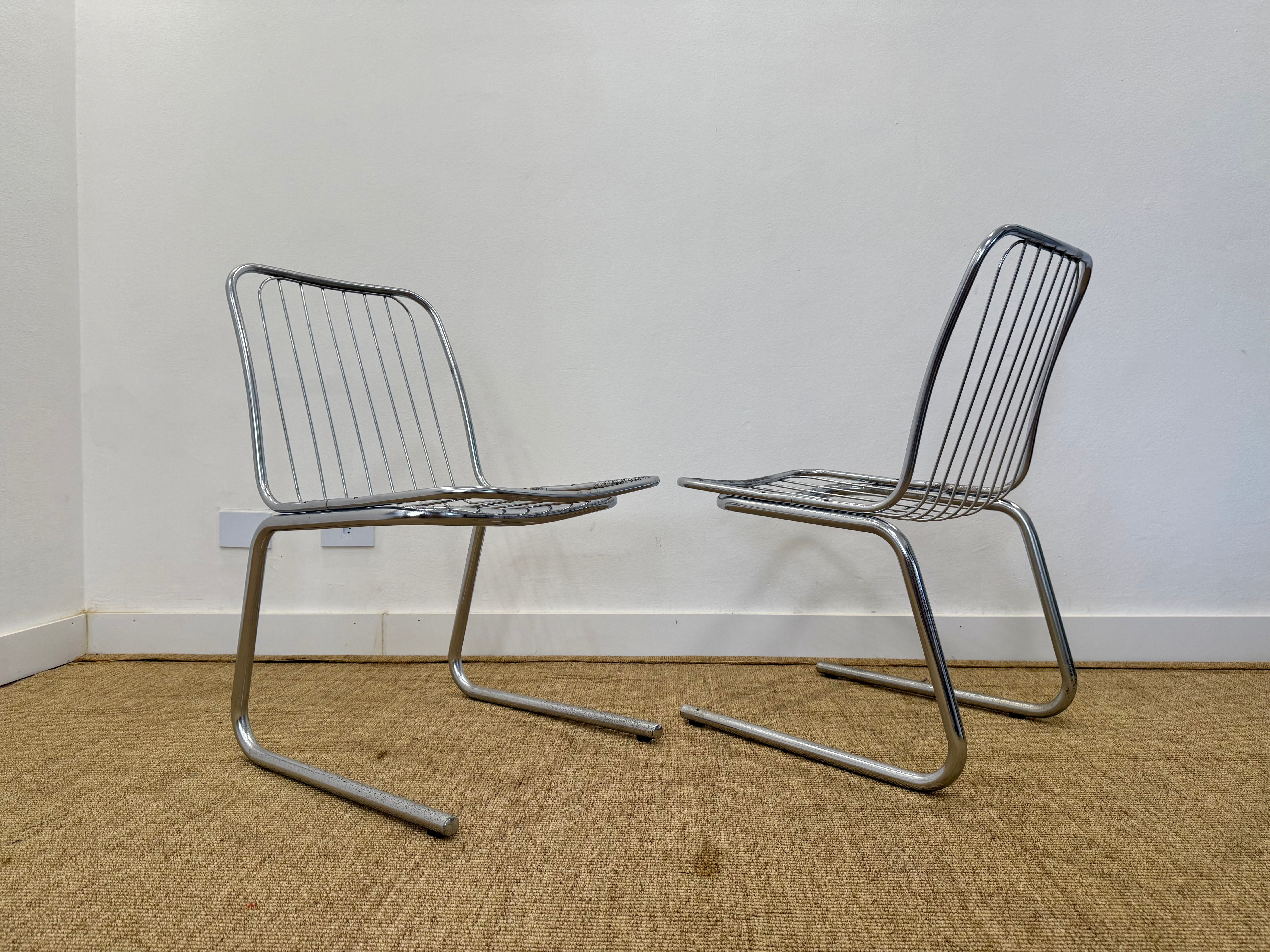 Conjunto Mesa de jantar Pozza 1970 em aço tubular (mesa retangular + 4 cadeiras) 