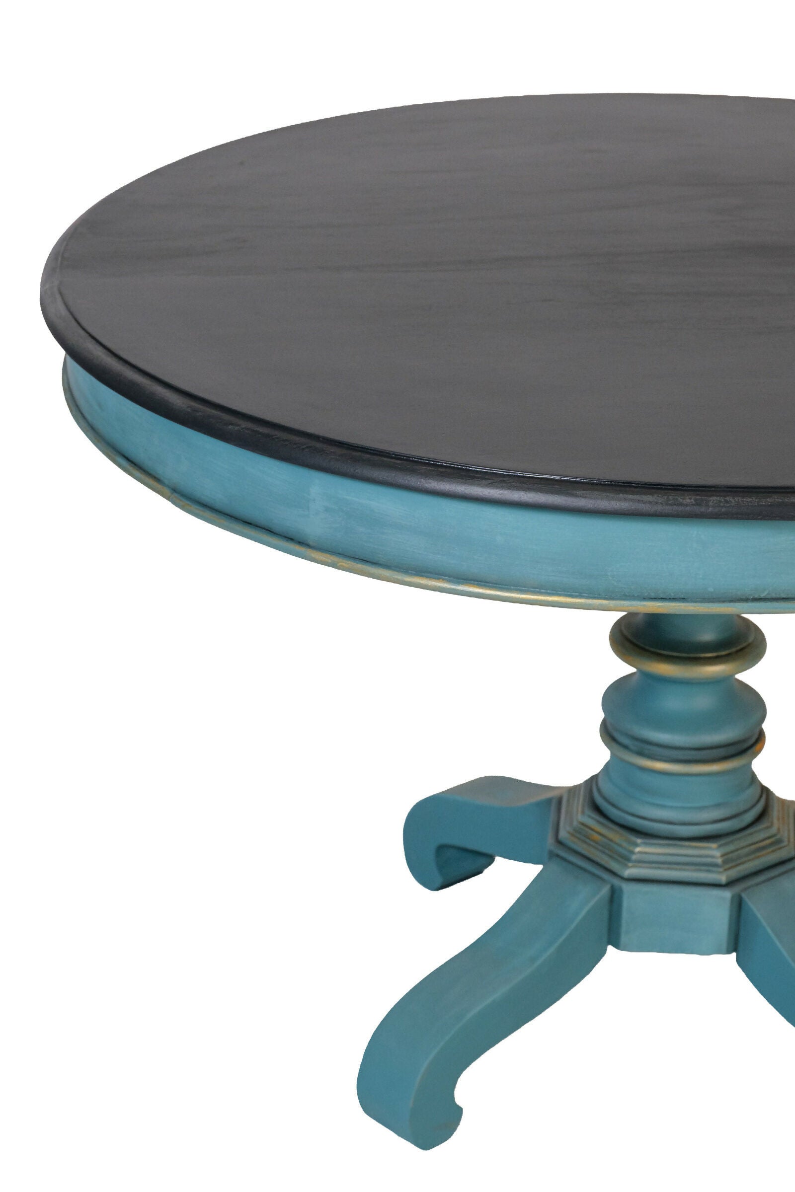 Mesa de Jantar Redonda restaurada Azul e Preta - Madeira Maciça