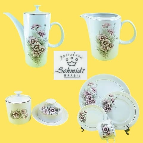 Jogo de chá com flores rosas, Porcelana Schmidt déc1980/1993