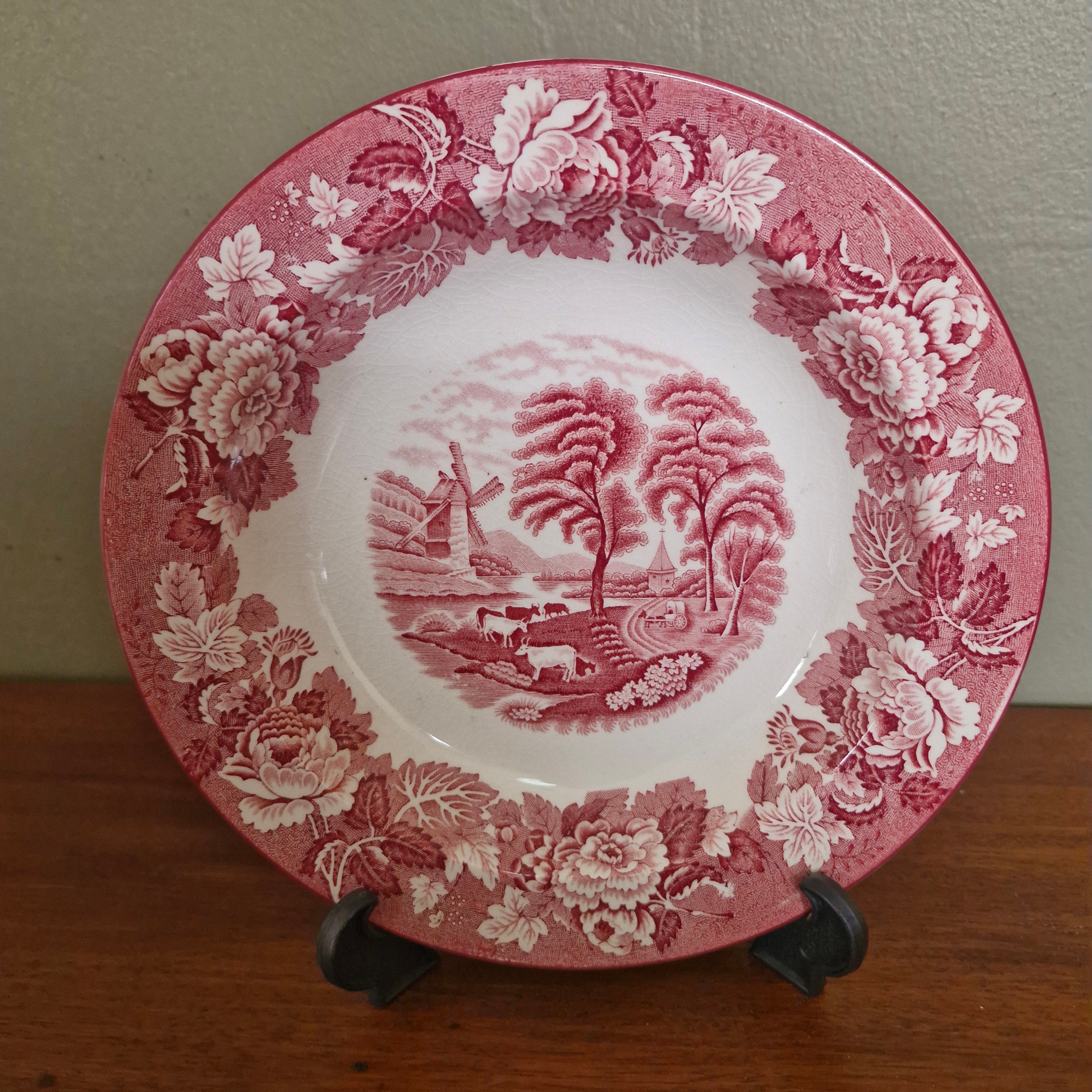 Prato Porcelana Inglesa com decoração campestre em vermelho 