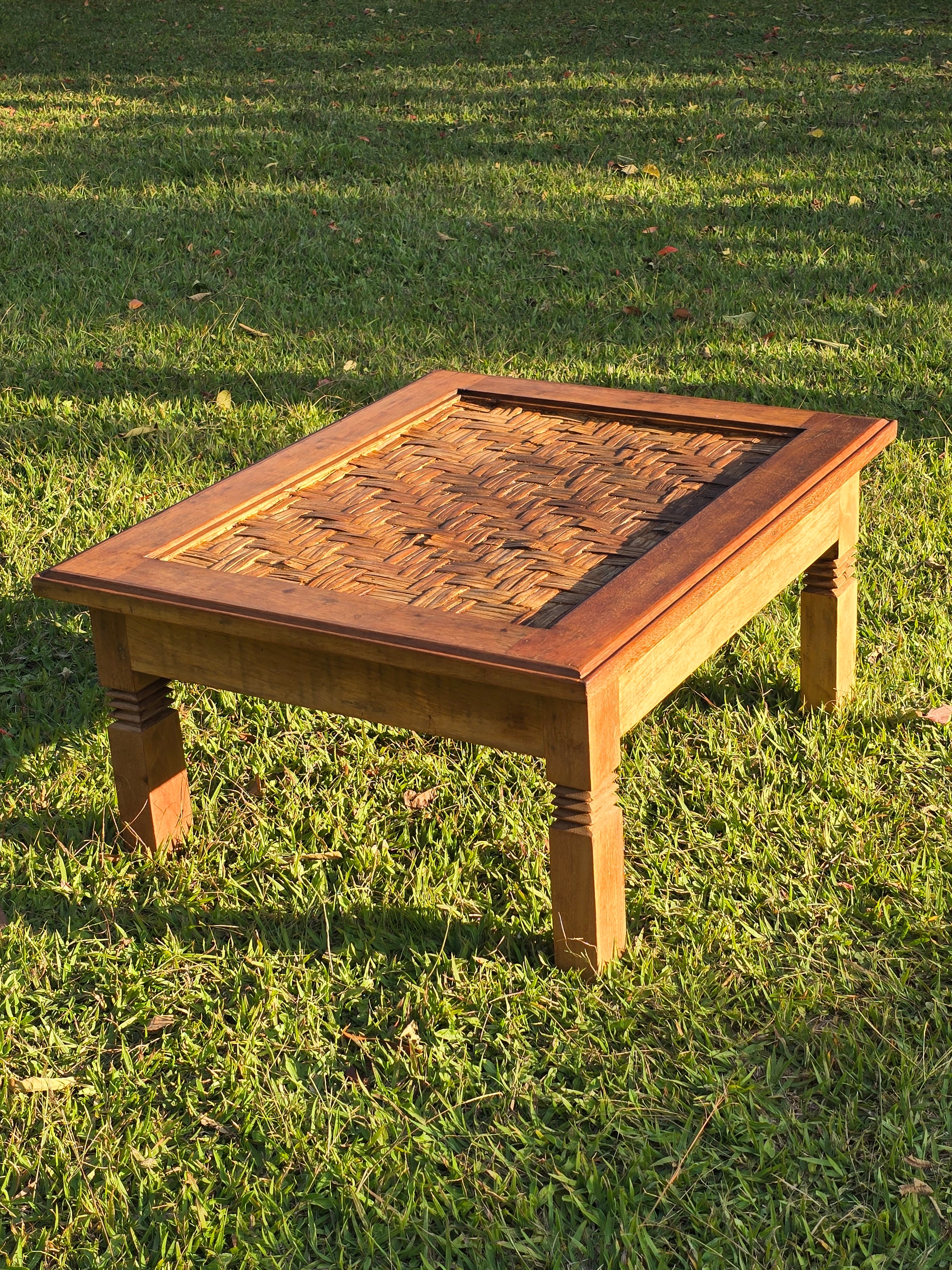 Mesa de Centro Suporte Para Vidro Esteira de Bambu Madeira Maciça