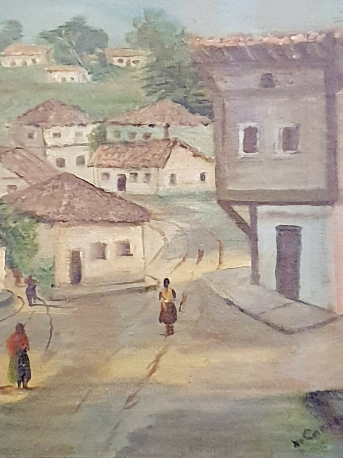 Quadro, óleo sobre tela, que representa uma cena casario em paisagem do interior. Moldura em madeira nobre maravilhosa!