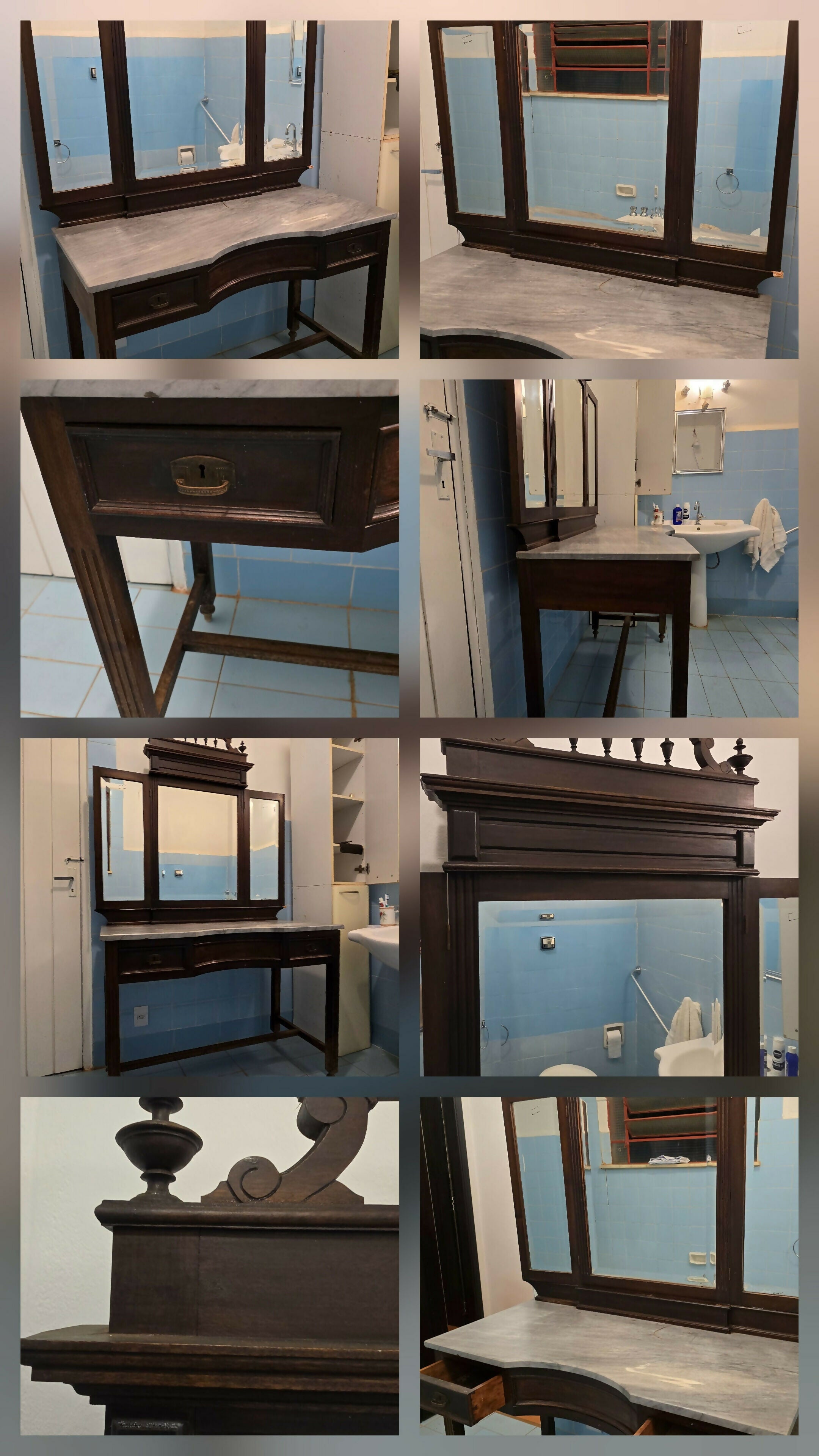 Penteadeira colonial em Jacarandá e espelho tripartido bisotado