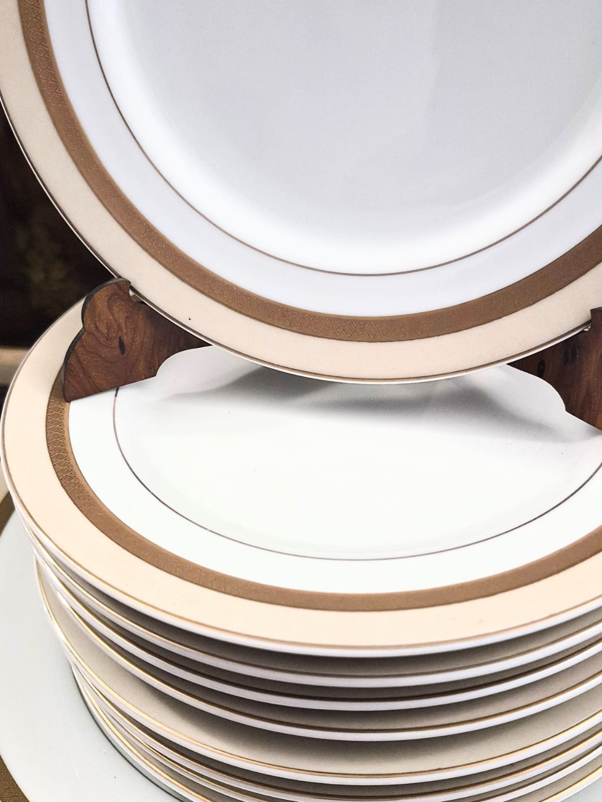 Conjunto de pratos em porcelana vintage nacional Schmidt, linha Gold - linha premium , anos 70/80, dourados à ouro. Perfeito estado. 19 peças: