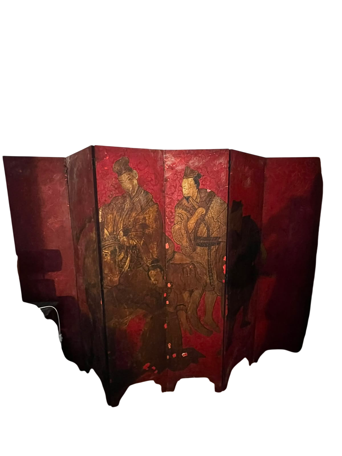 Biombo Oriental 6 Folhas Pintado À Mão. em Laca Vermelha - Duas Faces Decoradas