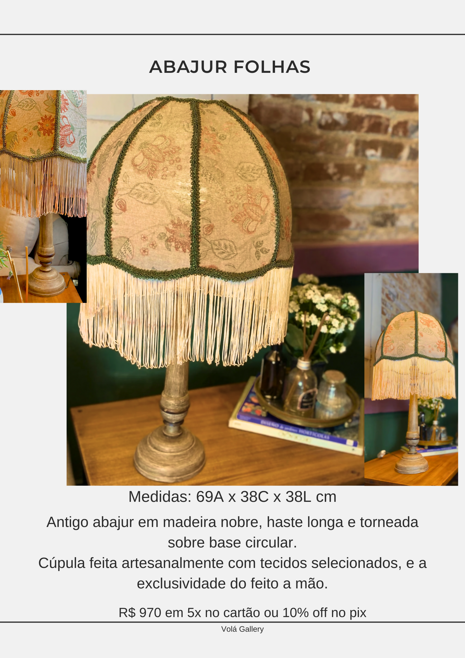 Antigo Abajur em madeira nobre &quot;Folhas&quot;