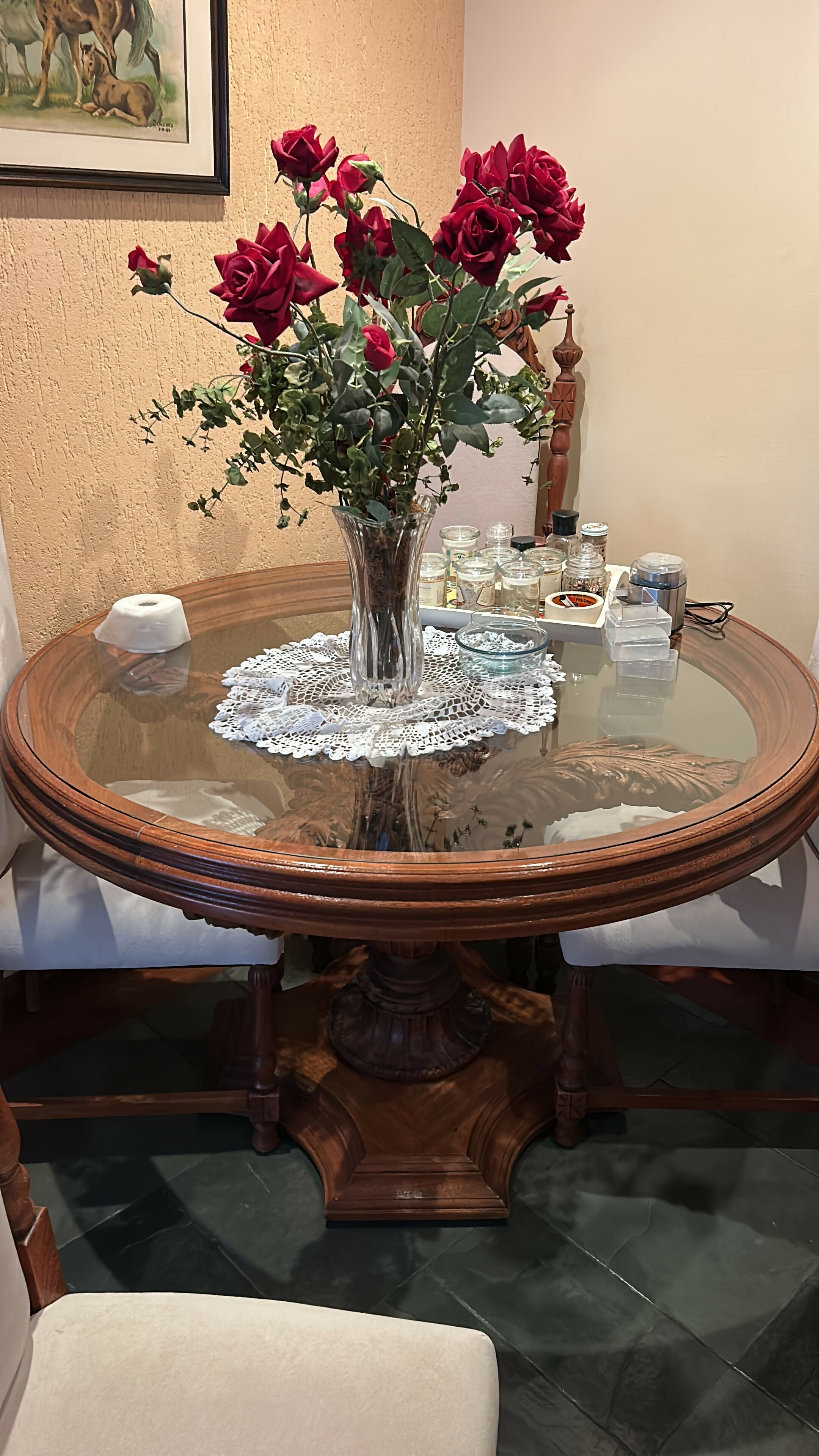 Mesa Jantar Redonda Madeira e Vidro com 6 cadeiras