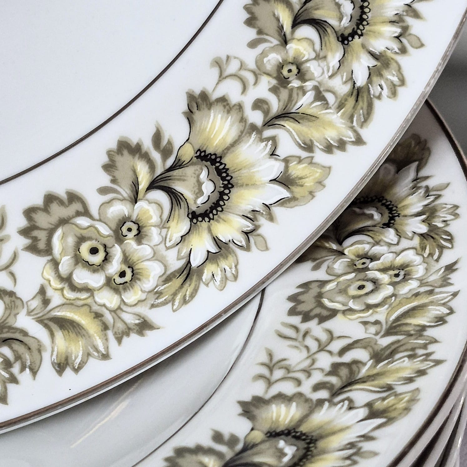 Conjunto de 23 pratos sendo: 11 pratos rasos e 12 pratos fundos,  em porcelana vintage Real, anos 60.