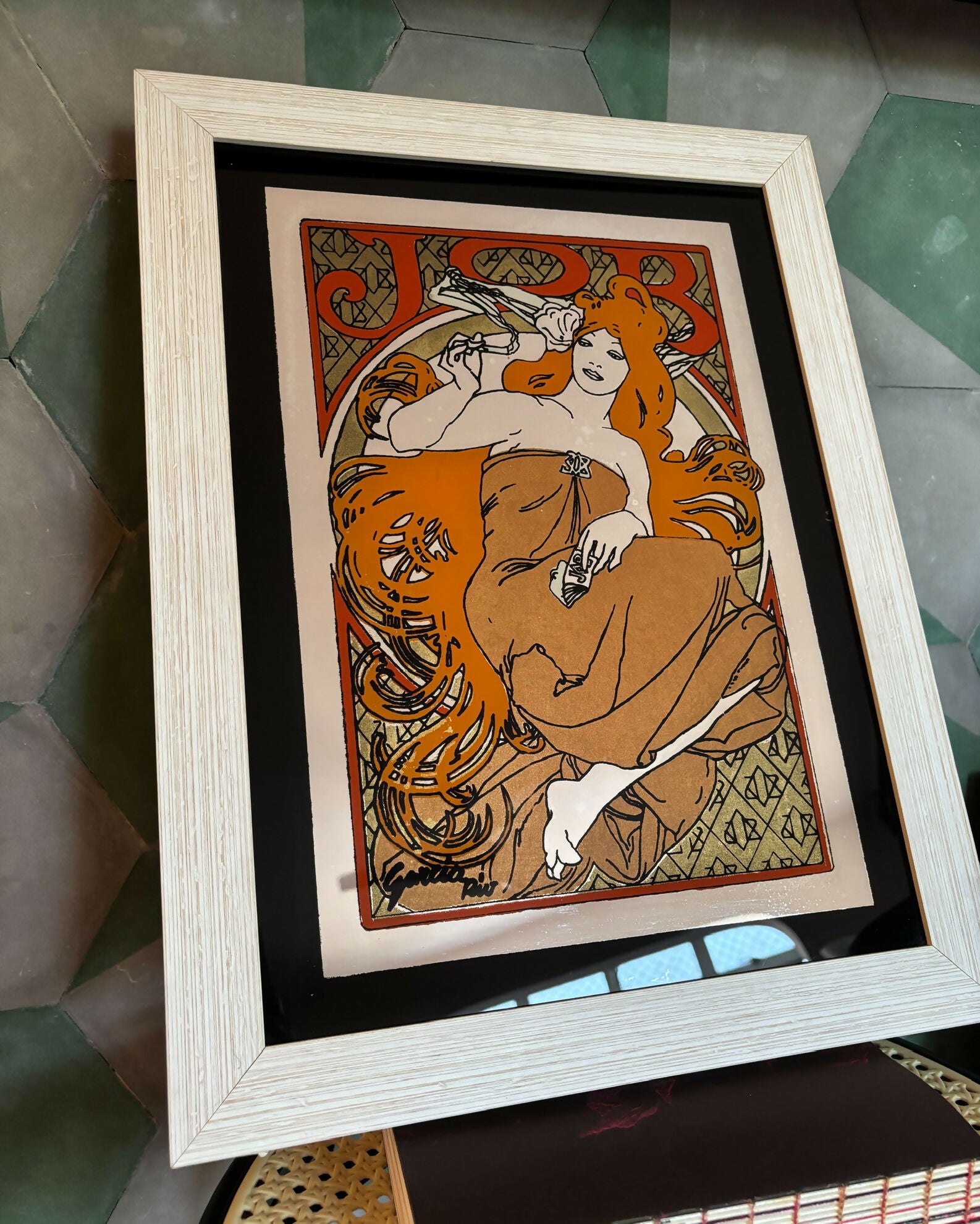 Quadro Espelhado com serigrafia da obra job, de Alphose Mucha