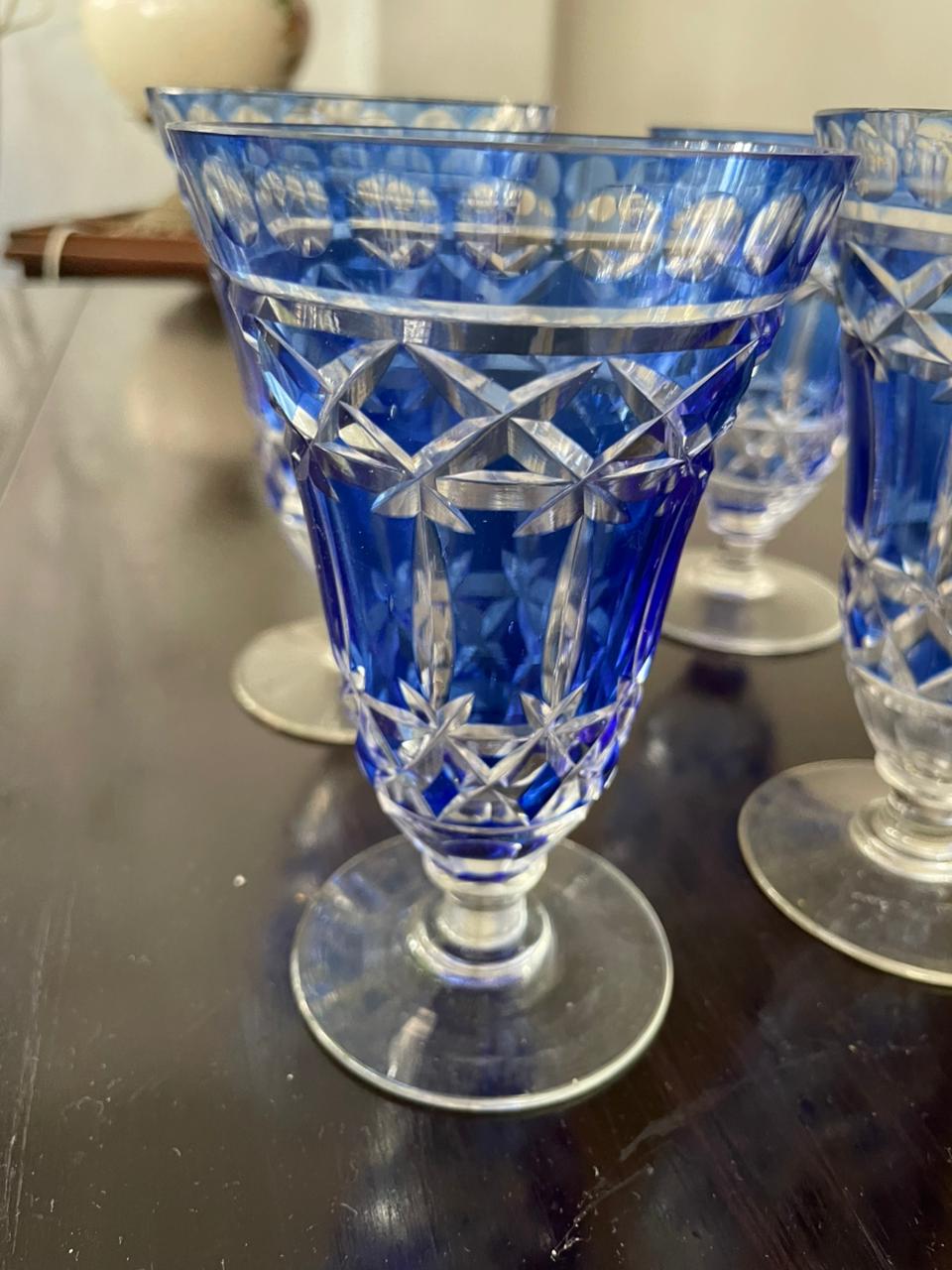4 Copos em Cristal Double Azul Cobalto Lapidado