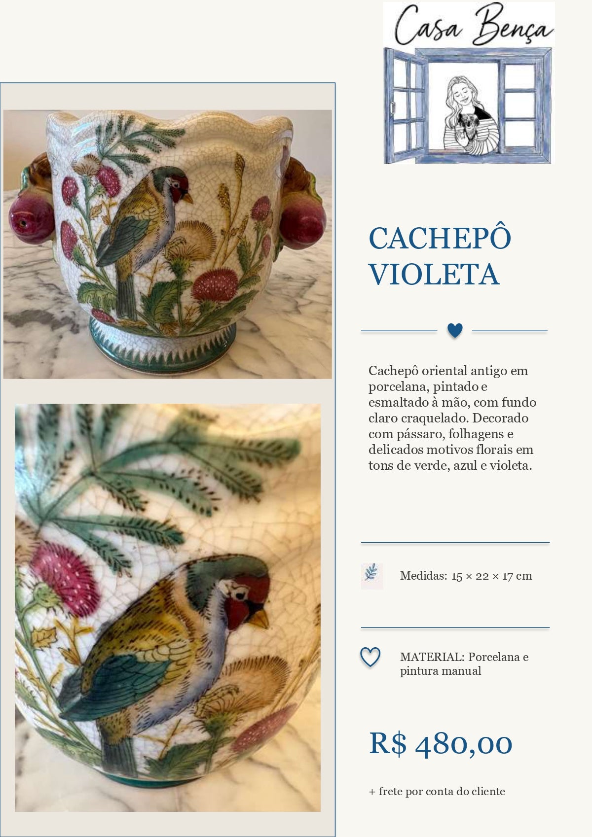 Cachepô oriental em porcelana com pássaro pintado à mão - Cachepô "Violeta"