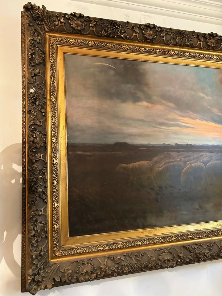 Quadro Antigo – Bela Paisagem de Antuérpia – Moldura Ricamente Trabalhada