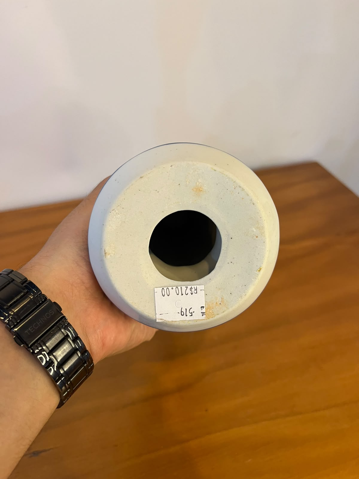 Castiçal em porcelana azul e branca com cena oriental – 22,5 cm