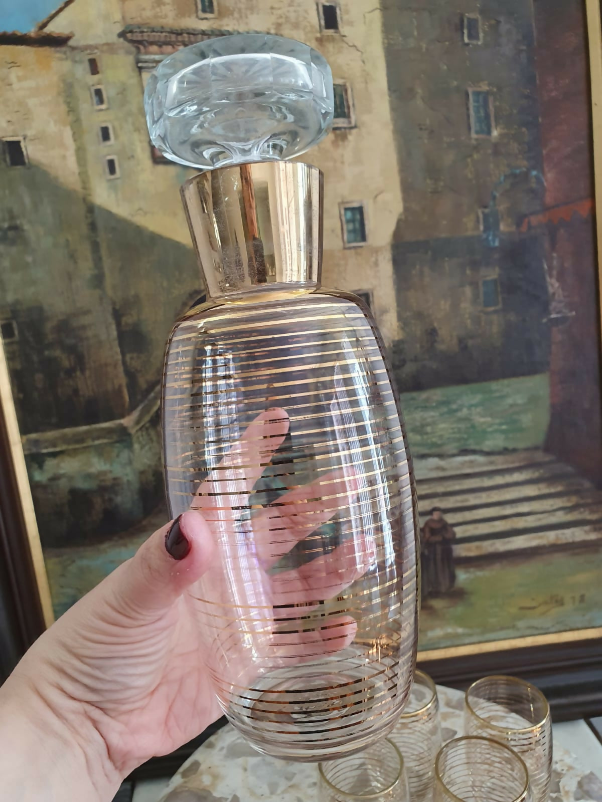 Conjunto de licoreira e 6 copinhos em vidro dos anos 50, lindos e perfeitos. Lindo!