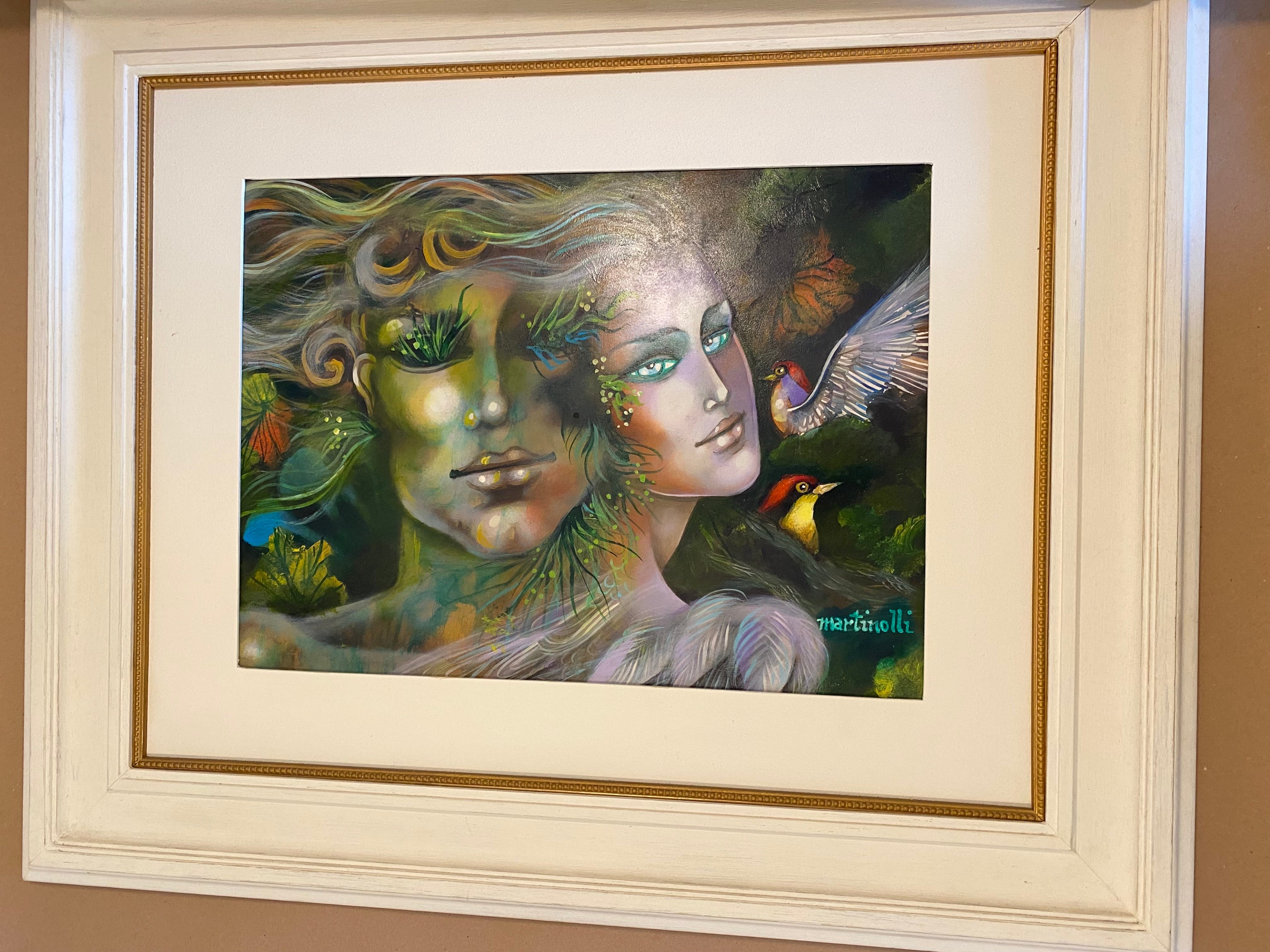 Quadro Antigo Assinado Martinolli - Mulher e Pássaros 