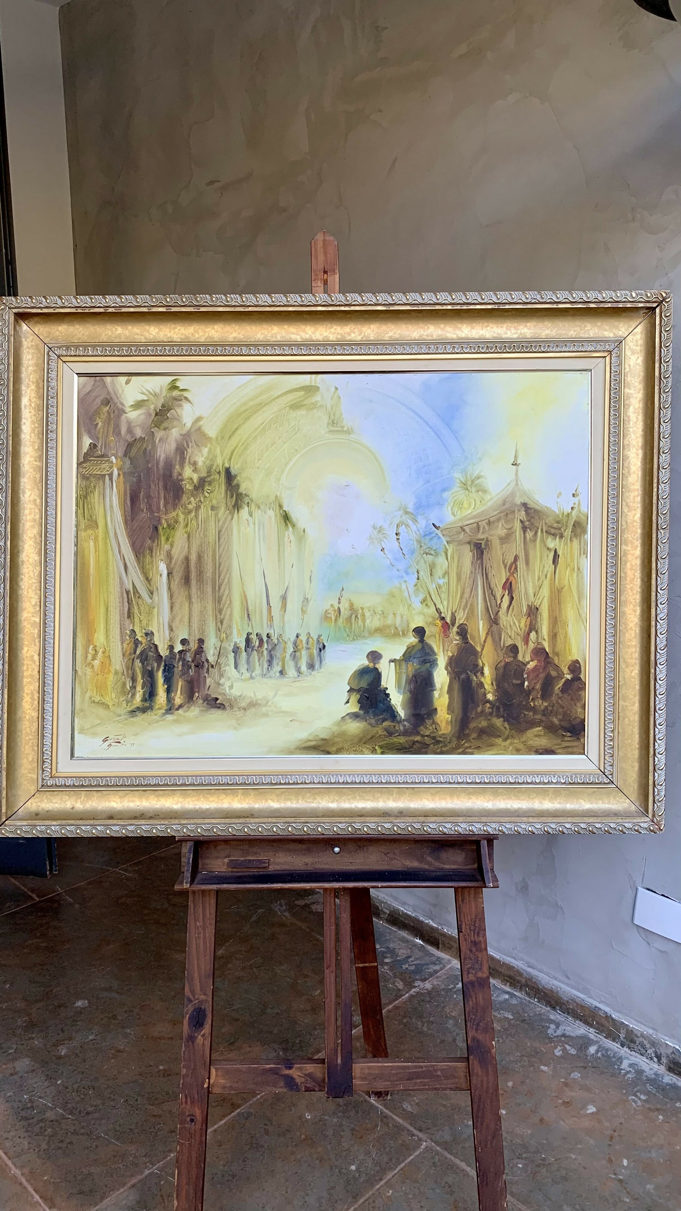 Quadro Óleo sobre tela Antigo – Cena Histórica Cerimonial