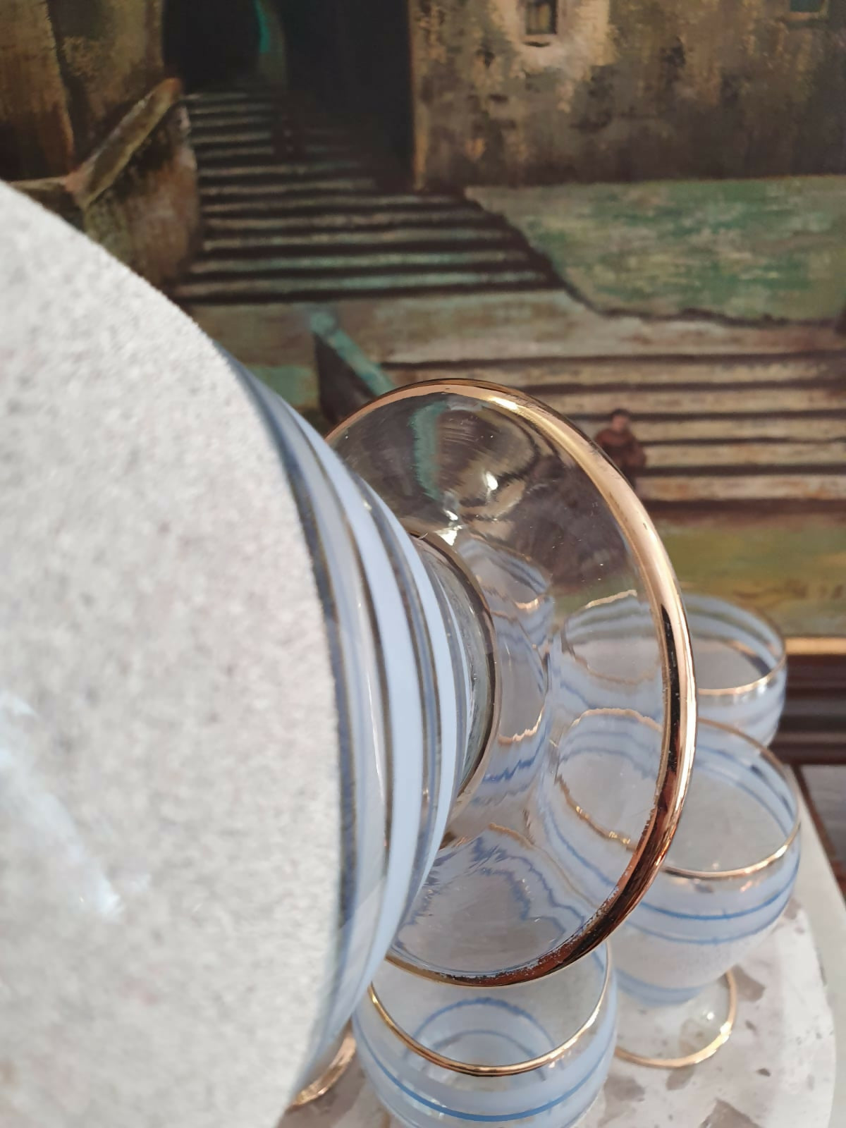 Conjunto incrível para refresco com 1 jarra e 6 copos, em vidro anos 50, maravilhoso!