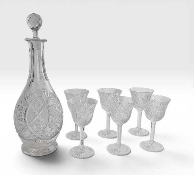 Garrafa c/ 6 taças em cristal texturizado da Boêmia