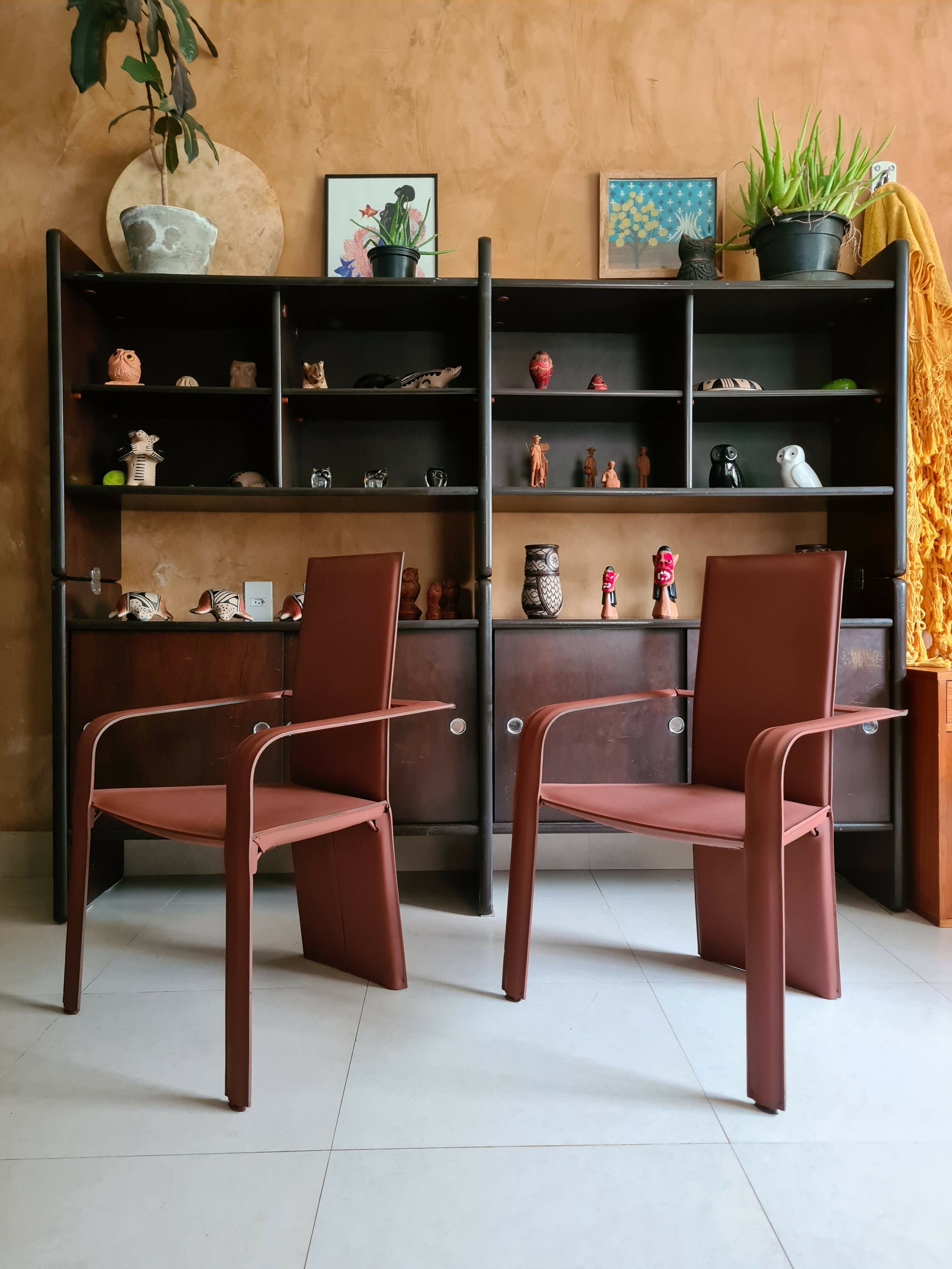 Par de cadeiras. com braço Ligne Roset em ferro e couro