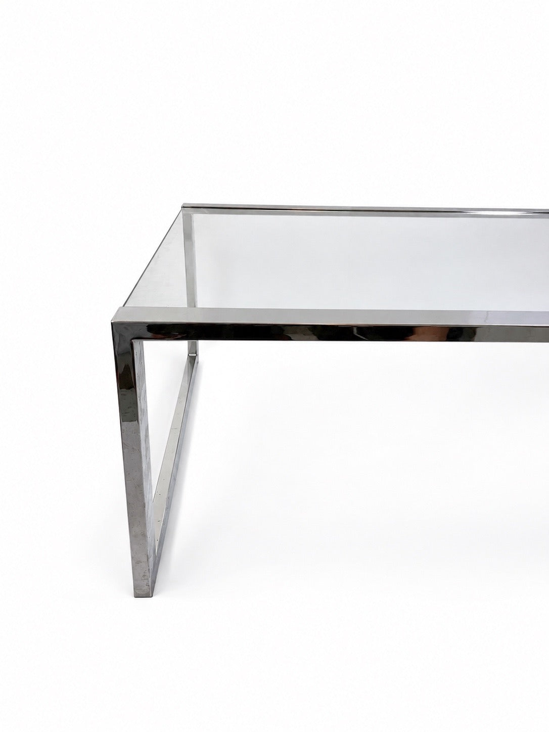 Grande Mesa de centro retangular Breton vintage com tampo em vidro e estrutura em metal prateado