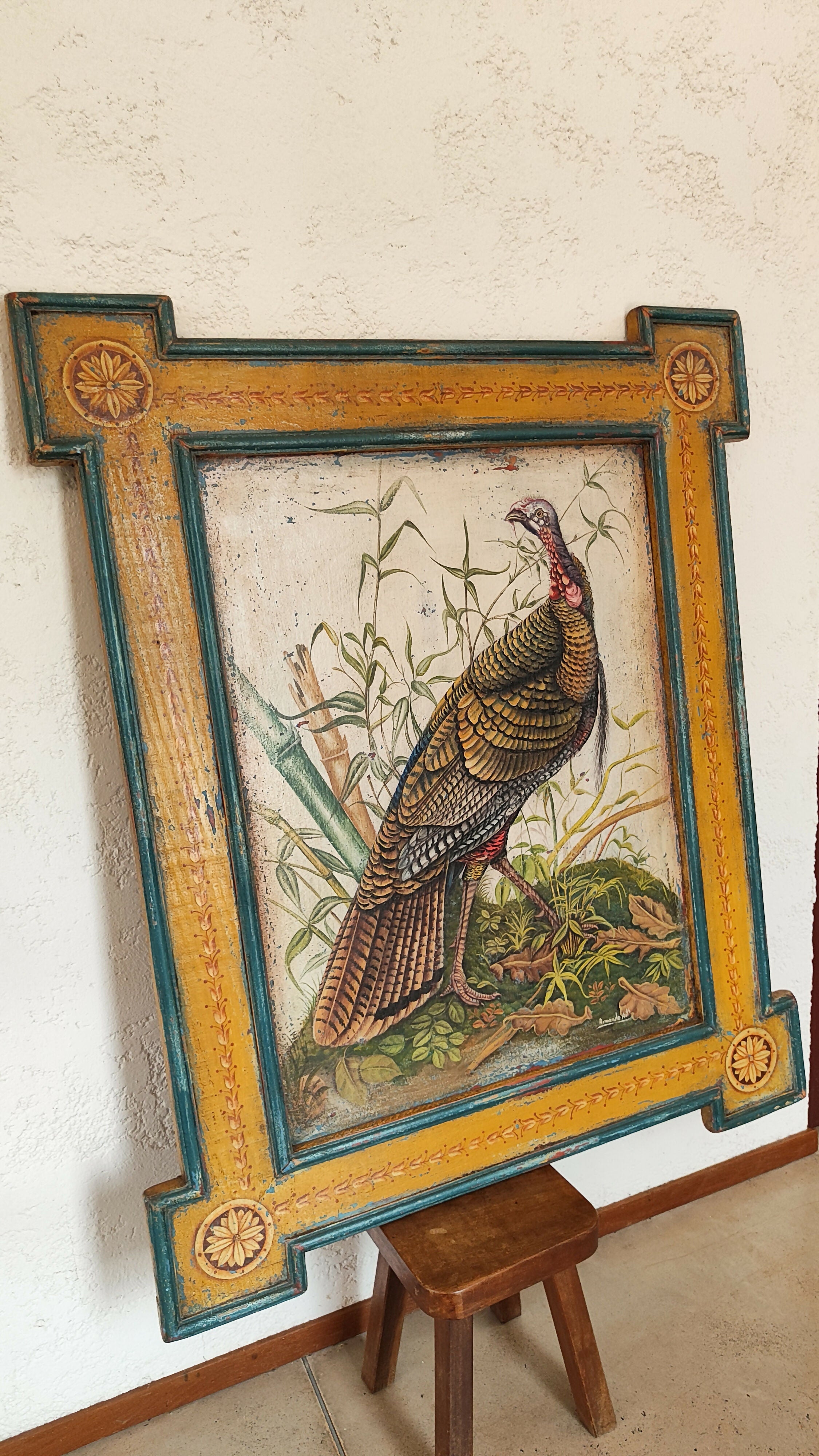 Quadro óleo sobre madeira com imagem de Peru Selvagem