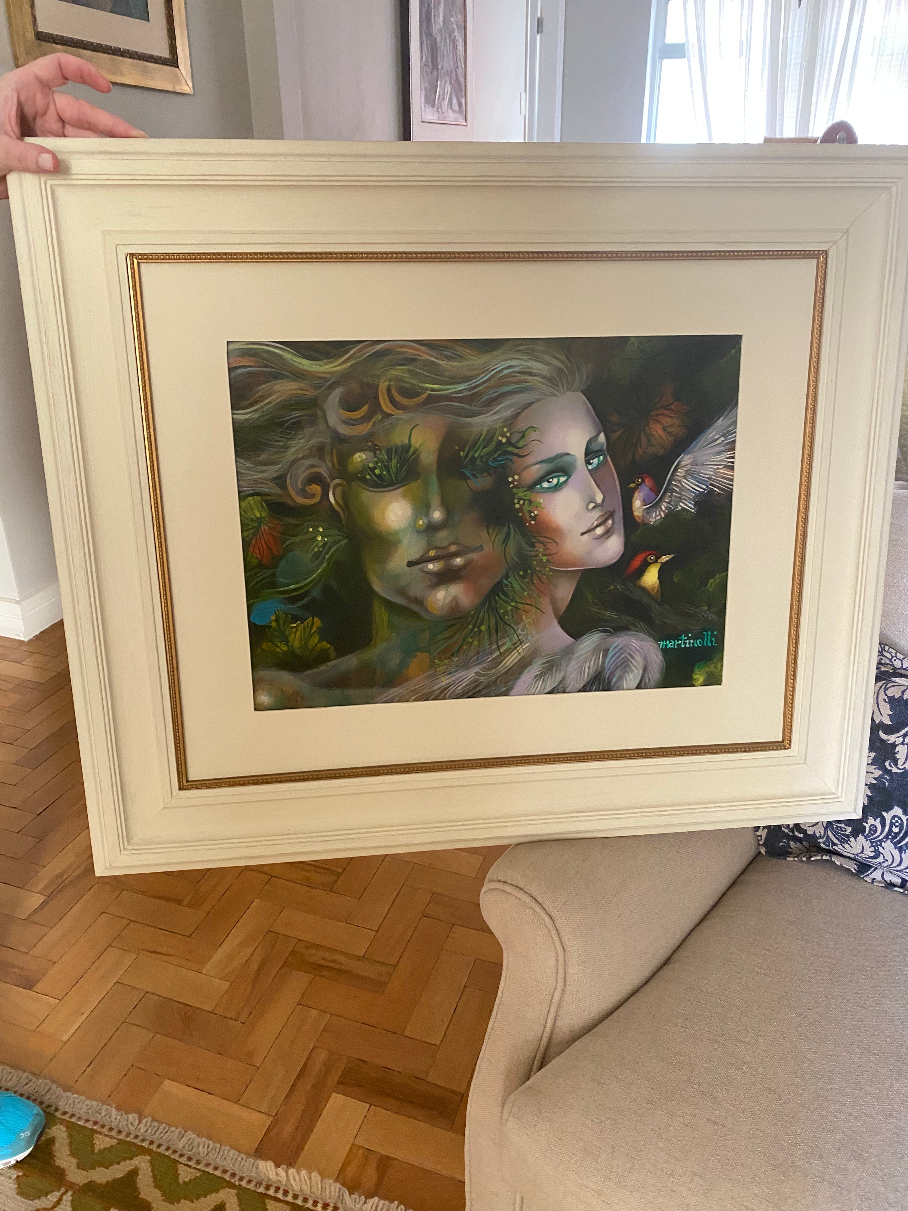 Quadro Antigo Assinado Martinolli - Mulher e Pássaros 