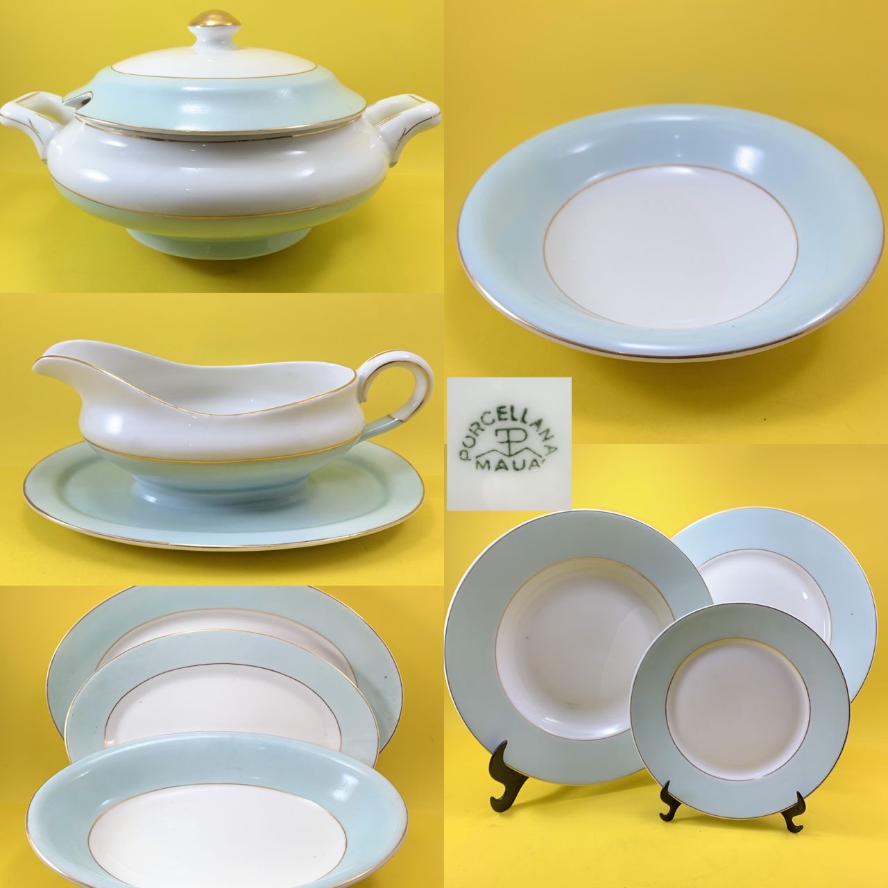 Jogo de Jantar Porcelana Mauá com friso azul claro - Déc.1950