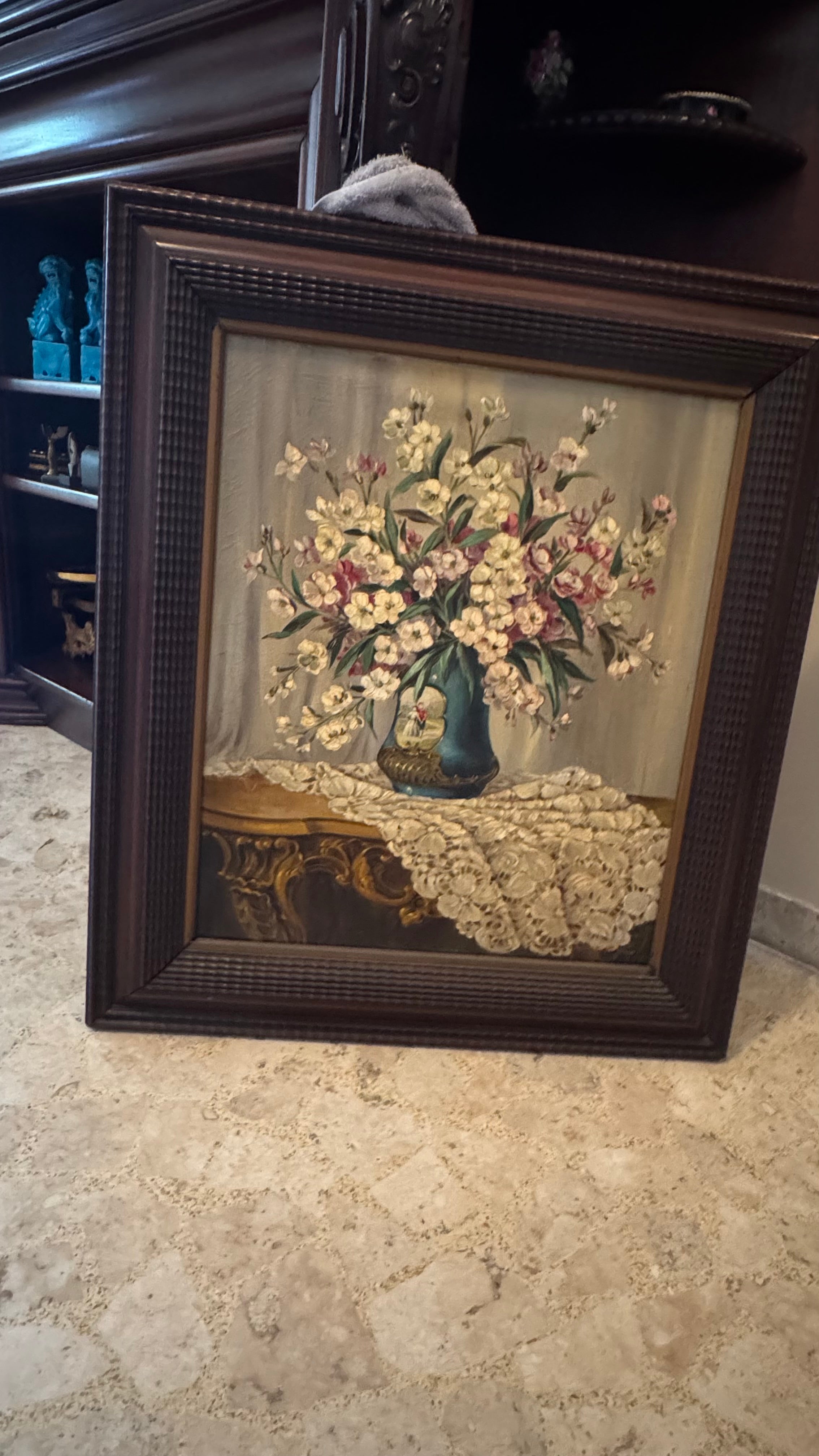 Quadro Natureza Morta com vaso de flores e renda - G. Reider